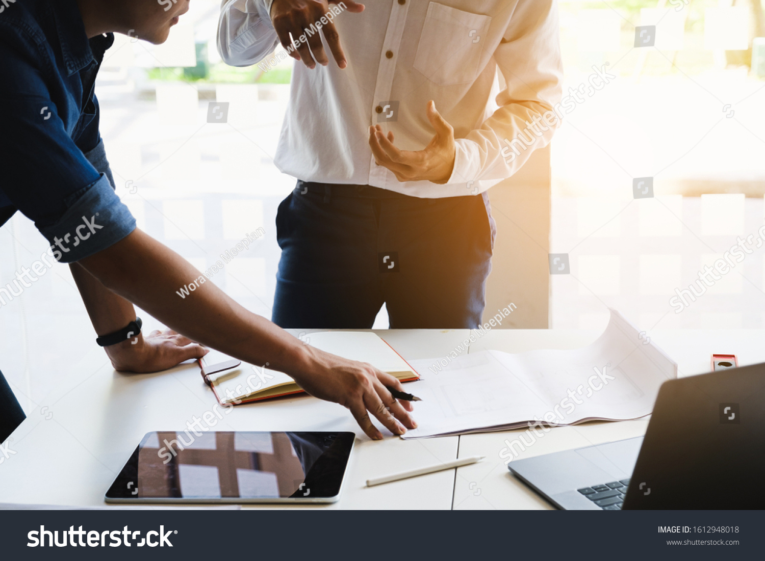 Two Architect Man Working Compasses Blueprints Stock Photo