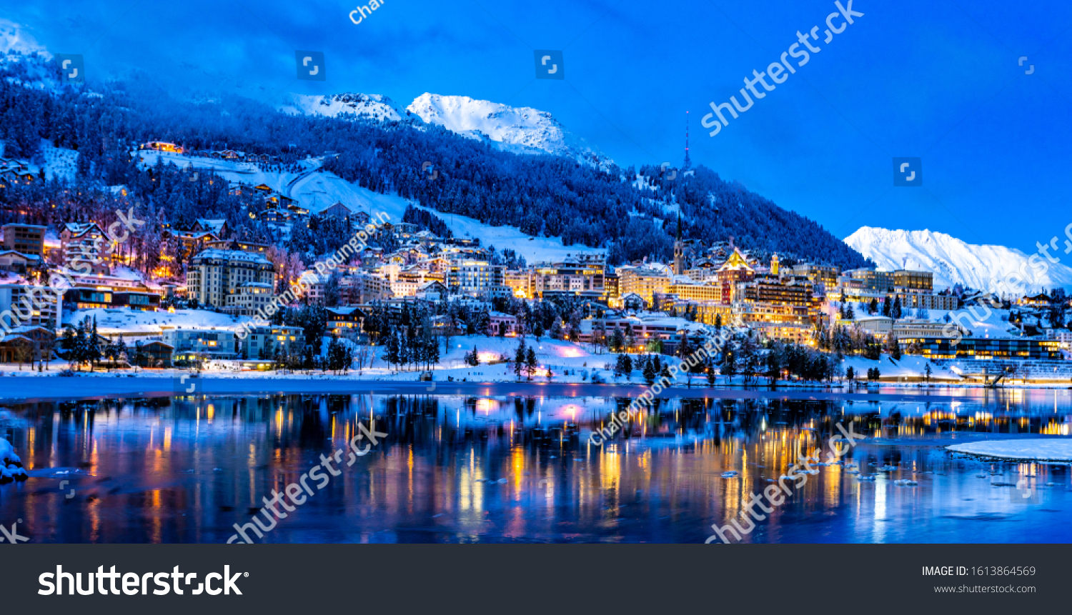 24 128 Swiss Christmas Images Stock Photos Vectors Shutterstock   Stock Photo View Of Beautiful Night Lights Of St Moritz Town In Switzerland At Night In Winter With 1613864569 