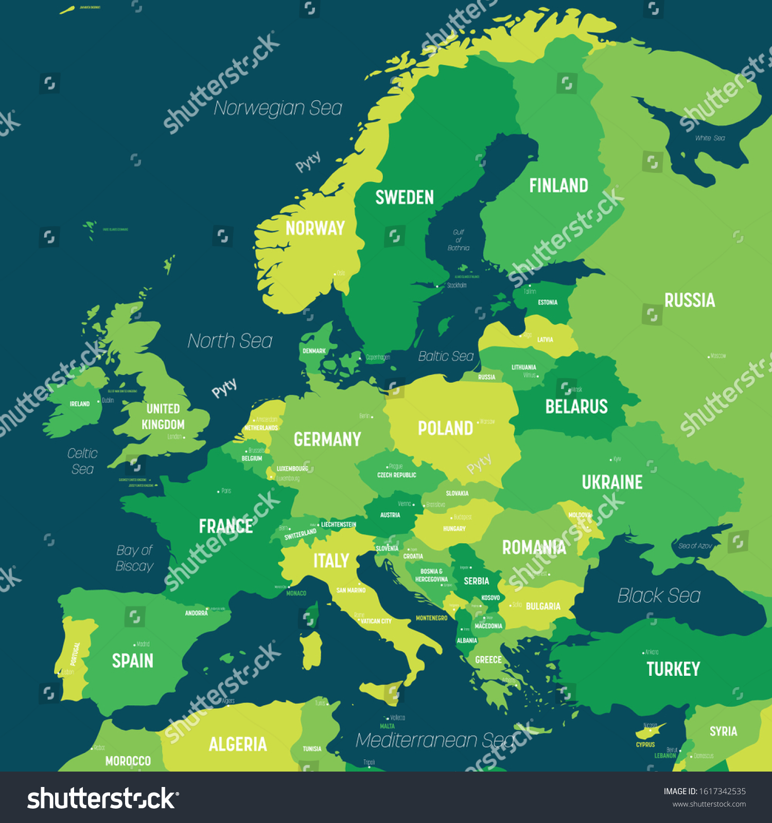 Europe Map Green Hue Colored On Stock Vector (Royalty Free) 1617342535 ...