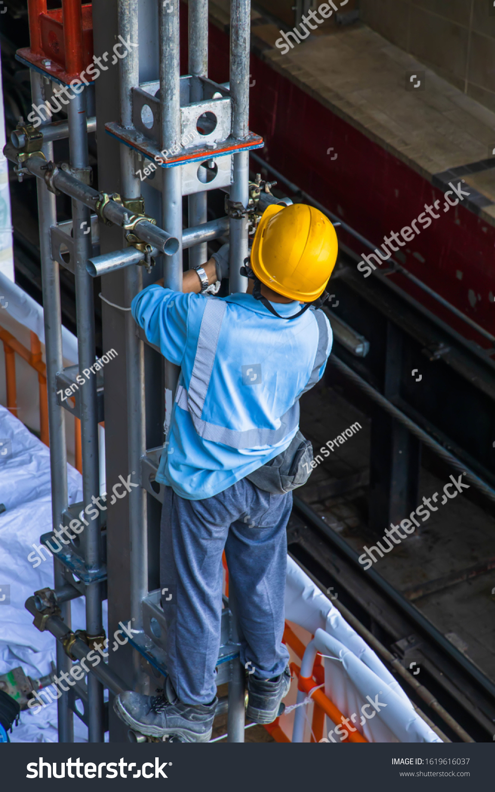 Construction Worker Installation Check Structure Stanchion Stock Photo ...