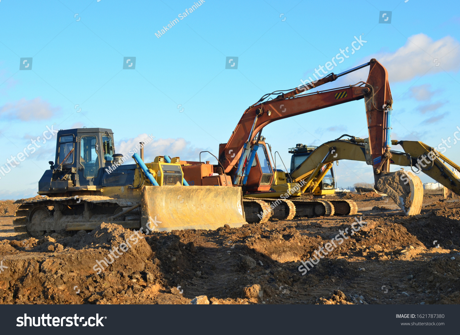 Excavators Dozer Digs Ground Construction Site Stock Photo 1621787380 ...