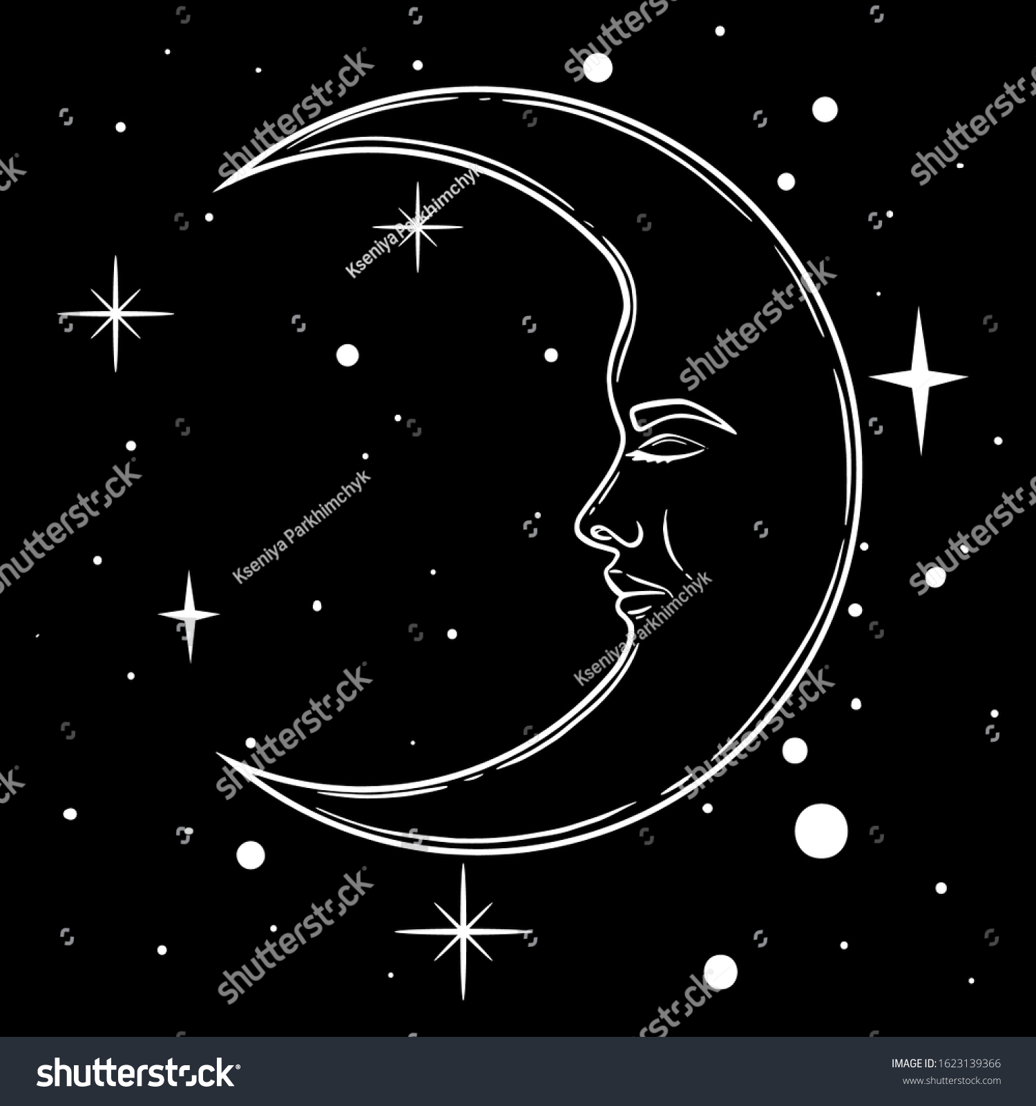 Crescent Moon Face Hand Drawn Line Stock Vector (Royalty Free ...