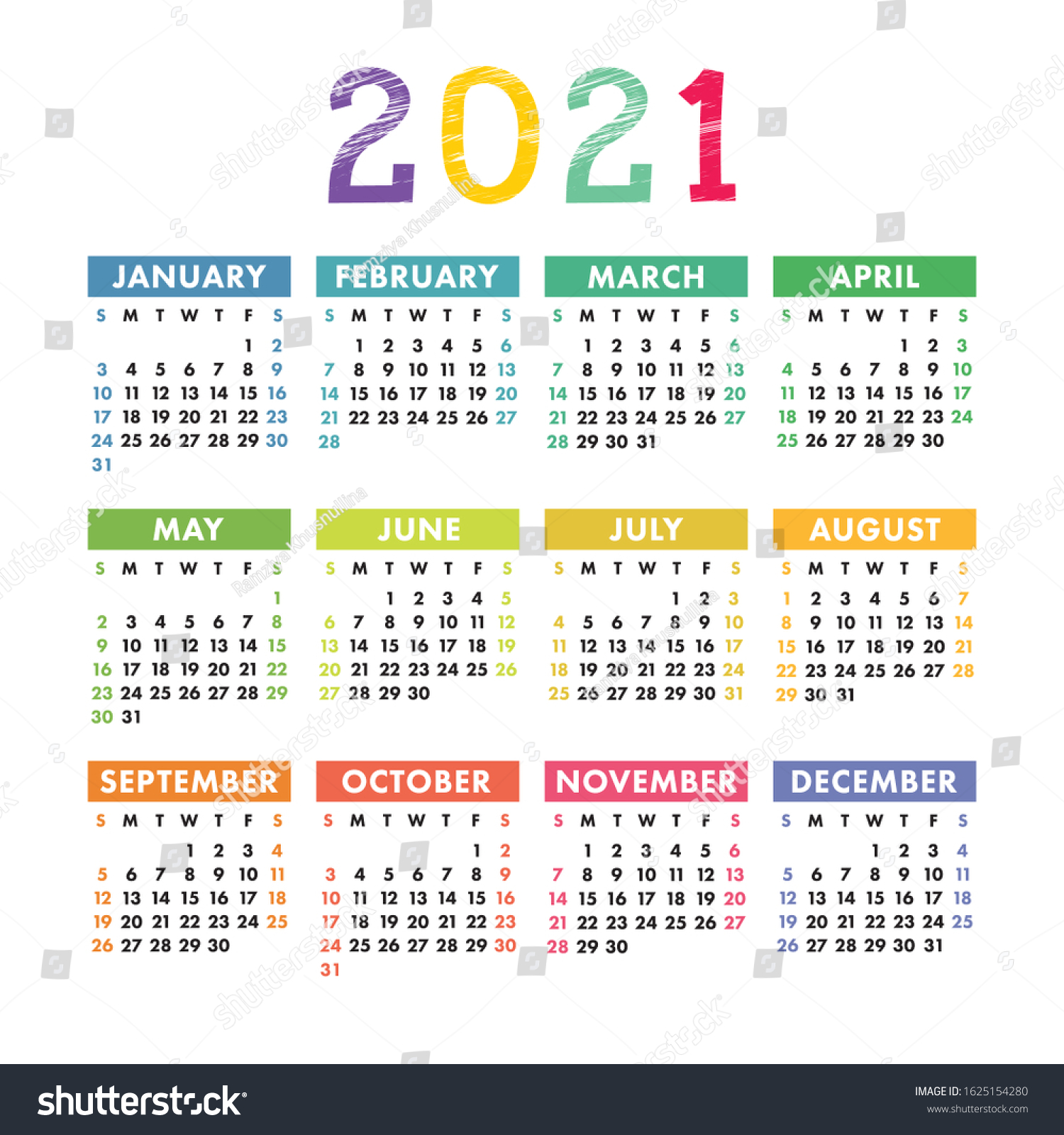 English Calendar 2021 Square Vector Calender Stock Vector (Royalty Free ...