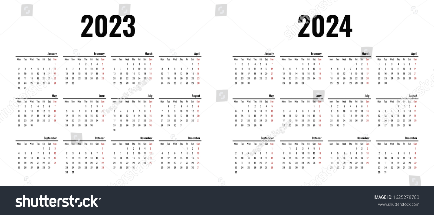 Calendar Template 2023 2024 Week Starts Stock Vector (Royalty Free ...