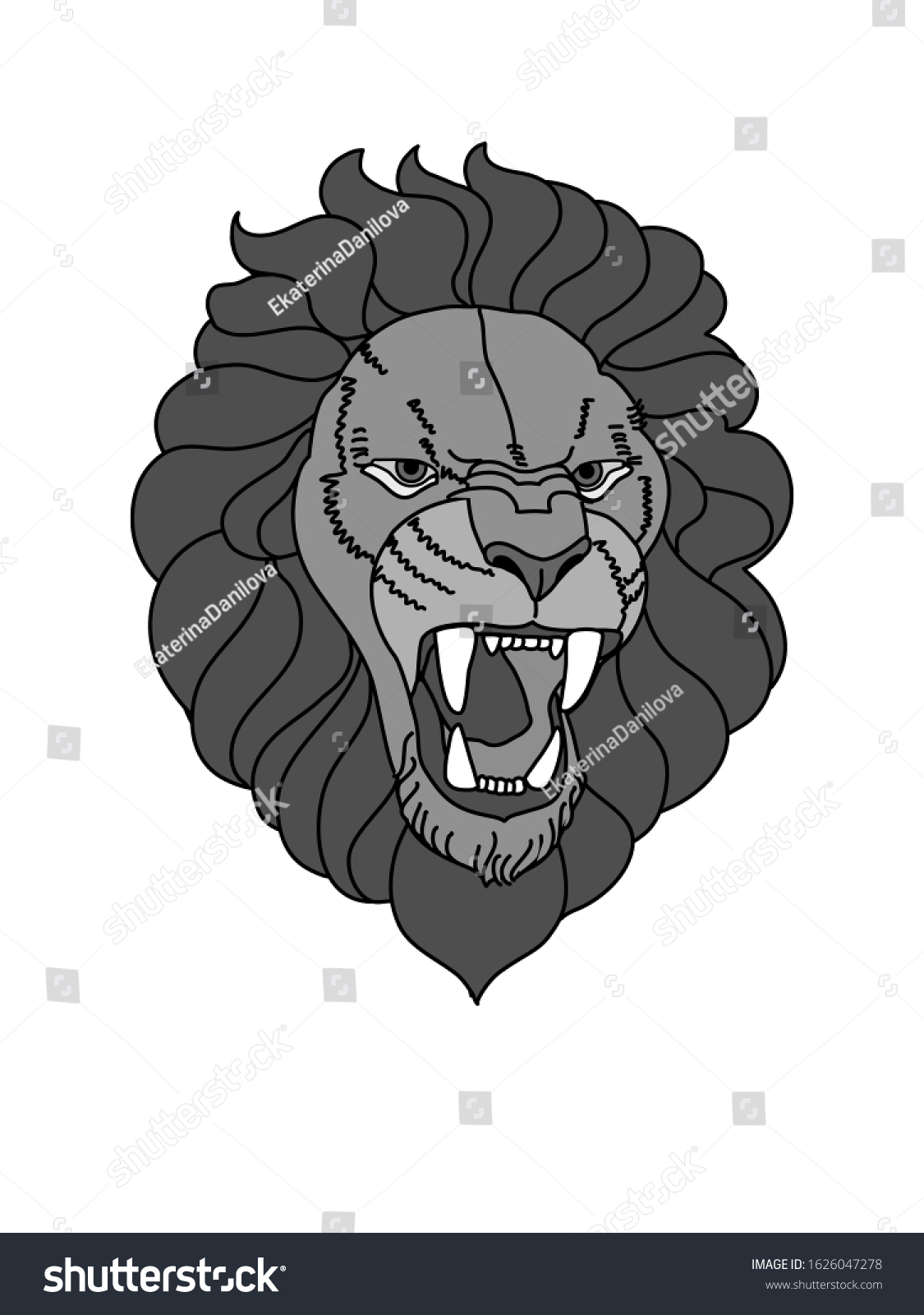 Monochrome Lion Head Gray Growling Lion: vector de stock (libre de