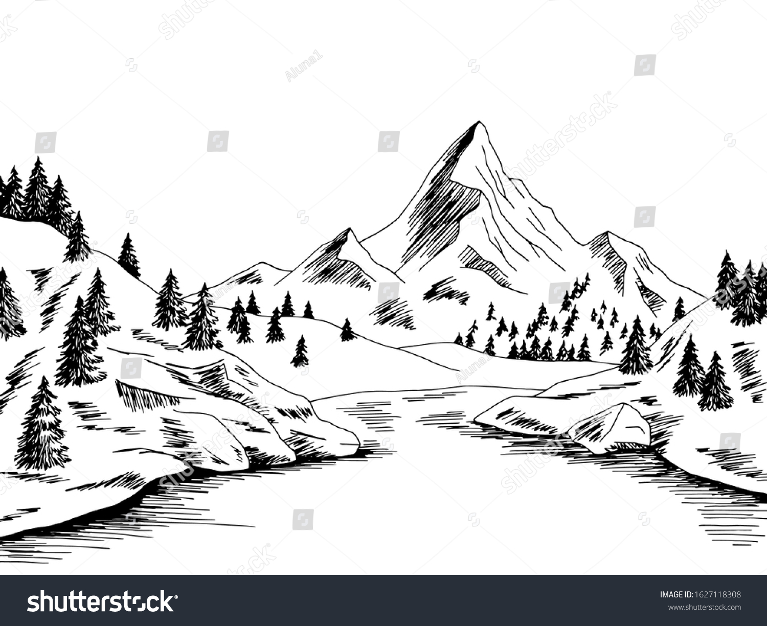 Mountain River Graphic Black White Landscape Stock Vector (Royalty Free ...