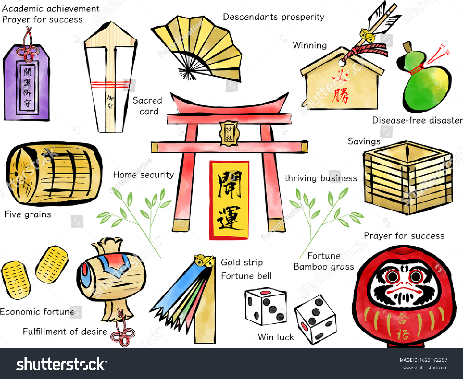 Stock Vector Set Of Japanese Traditional Good Luck Items Japanese Translation Good Luck Charm Charm Victory 1628192257 