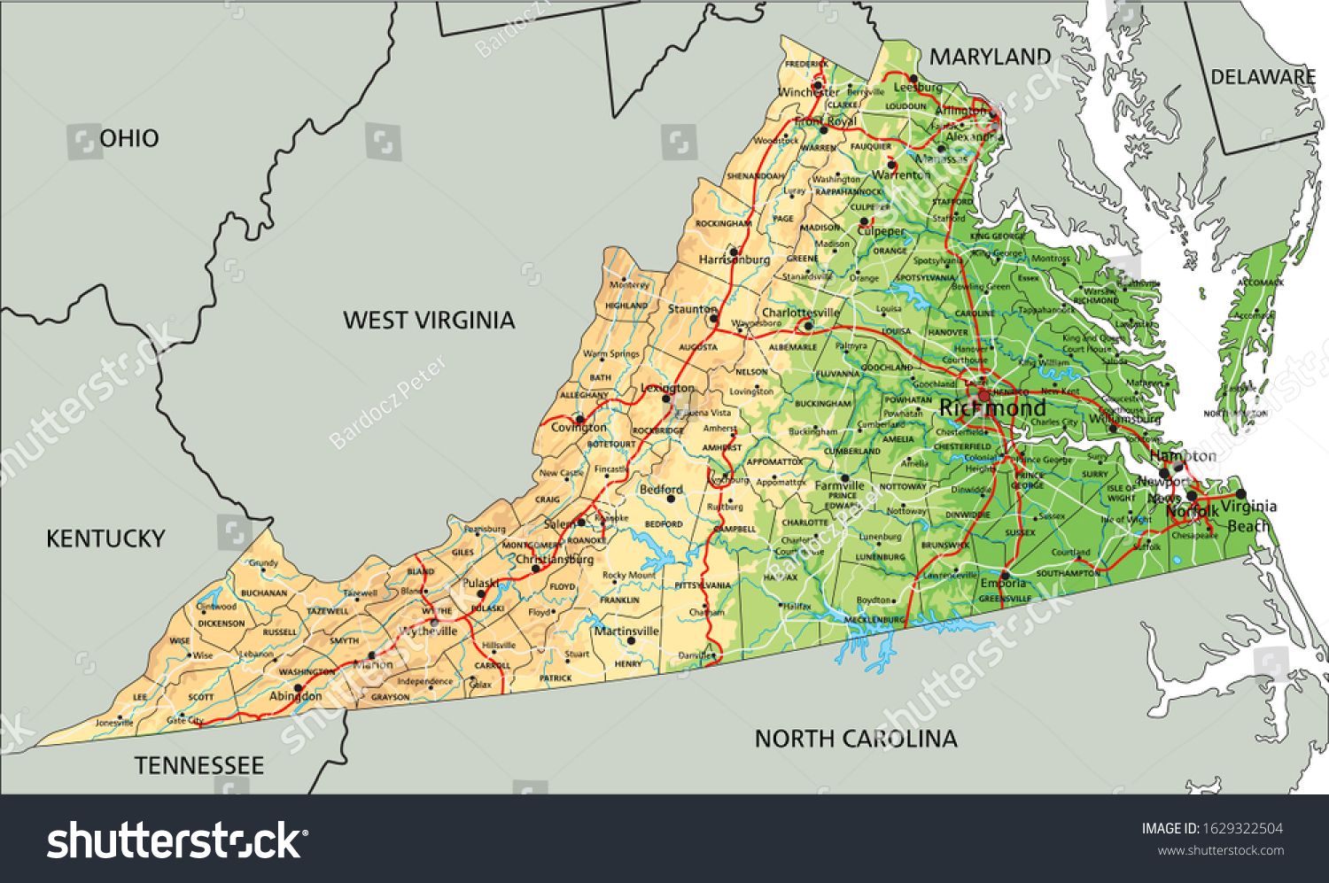 Geographical Map Of Virginia High Detailed Virginia Physical Map Labeling Stock Vector (Royalty Free)  1629322504 | Shutterstock