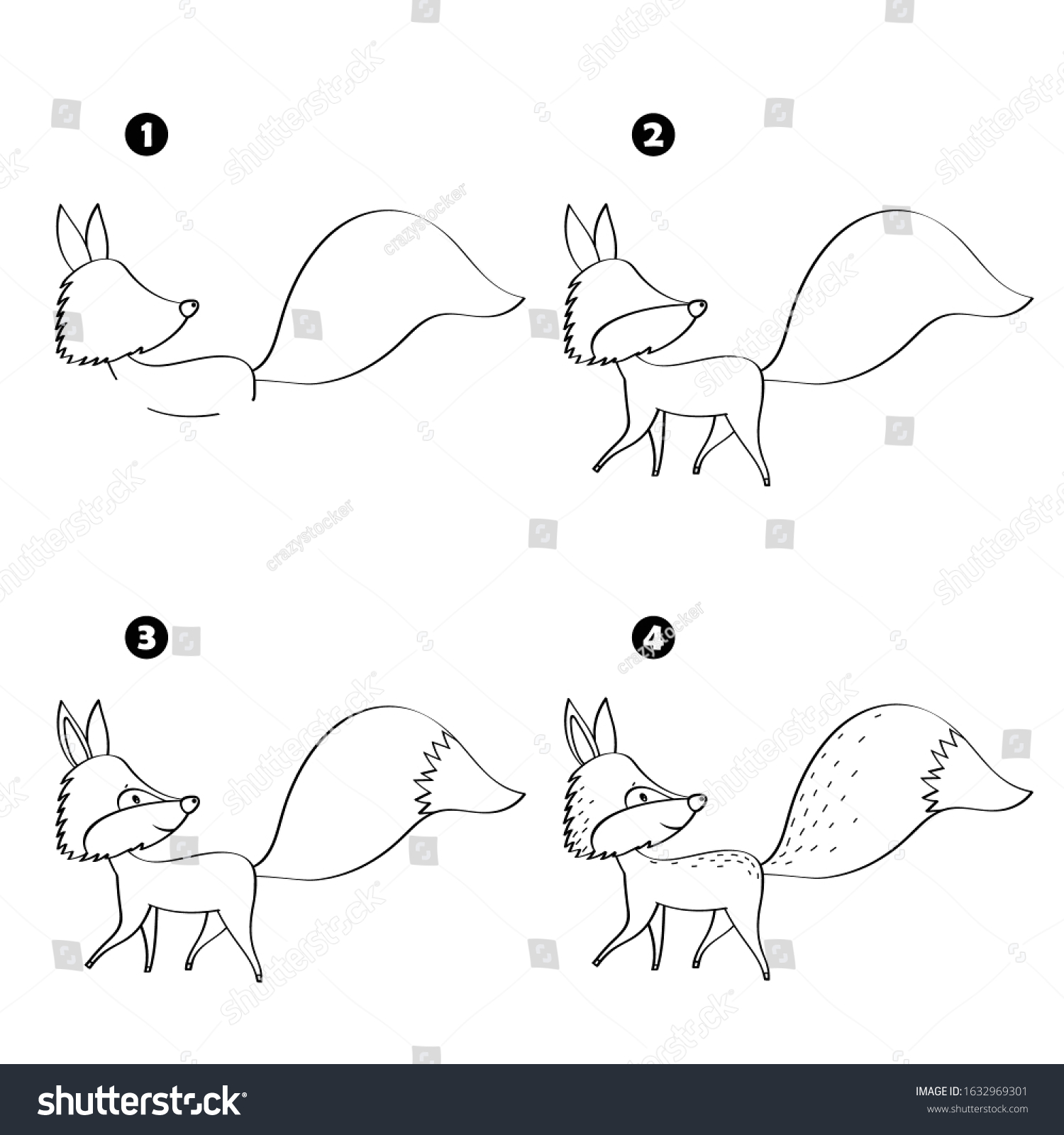 Four Steps Draw Cartoon Fox Isolated Stock Vector (Royalty Free ...