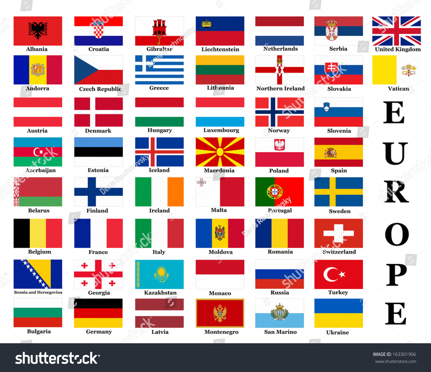 Флаги Европы с названиями страны