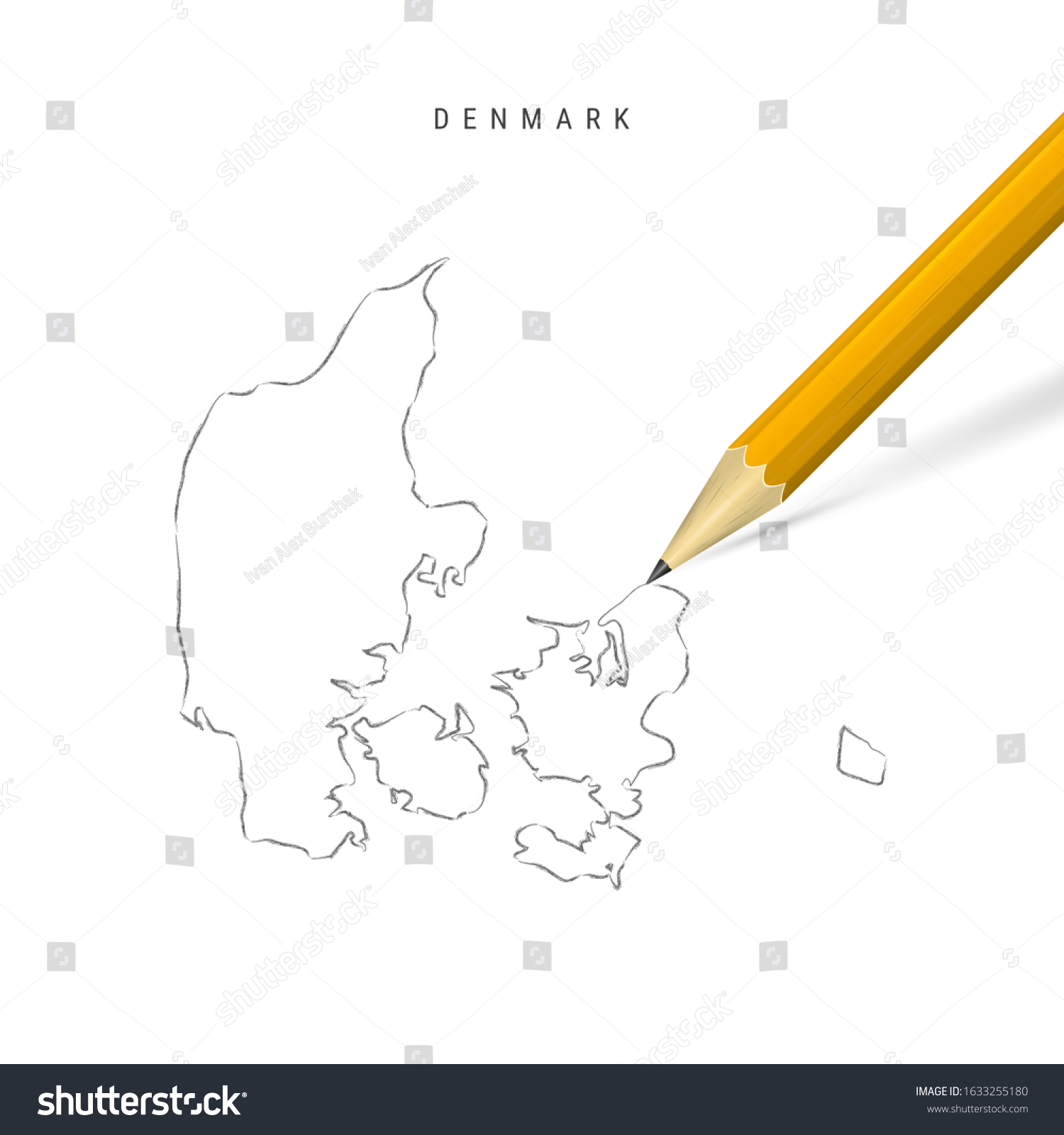 Denmark Sketch Outline Map Isolated On Stock Illustration 1633255180   Stock Photo Denmark Sketch Outline Map Isolated On White Background Empty Hand Drawn Map Of Denmark Realistic 1633255180 