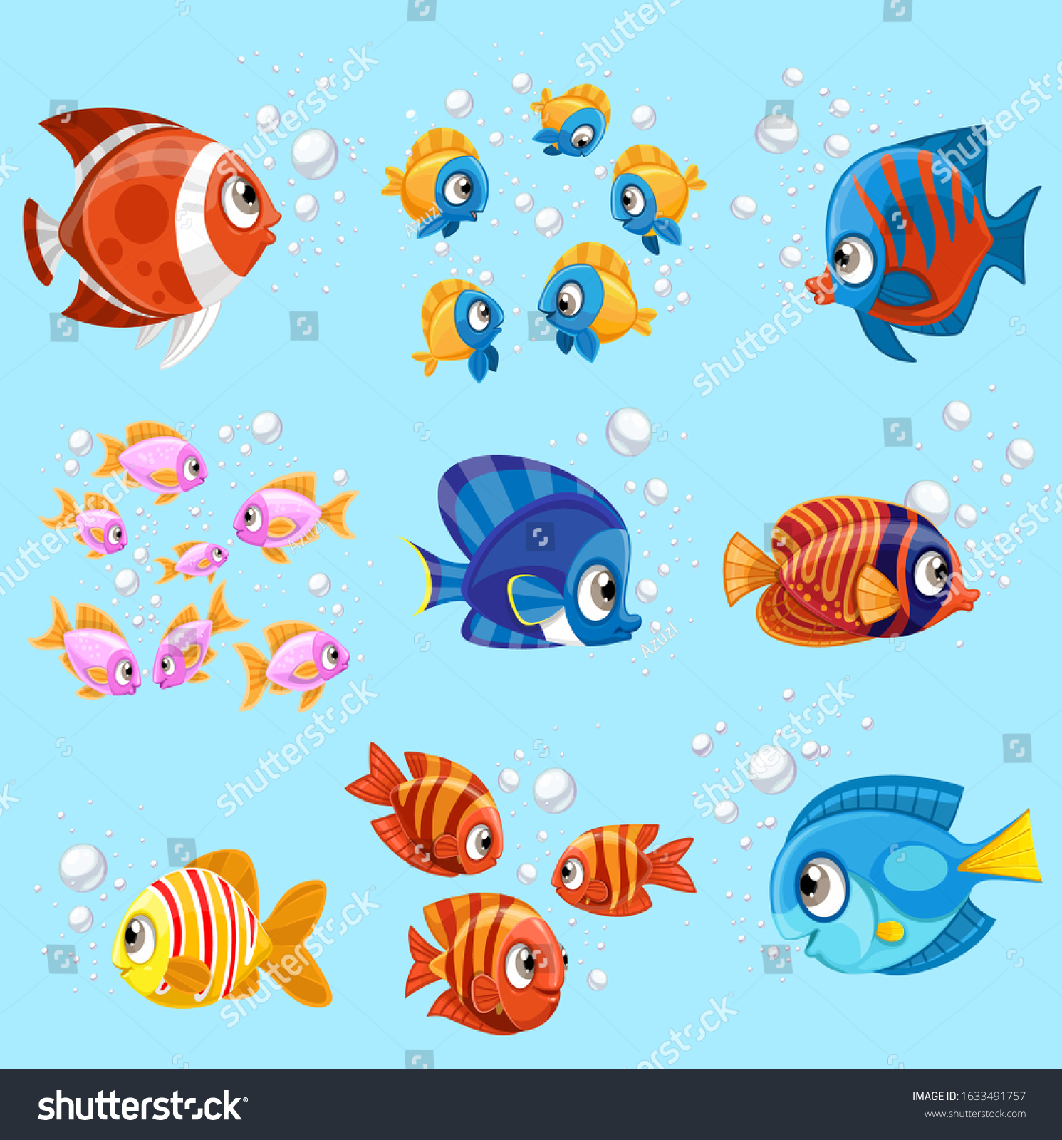 Cartoon Sea Fishes Set On Blue Stock Vector (Royalty Free) 1633491757 ...