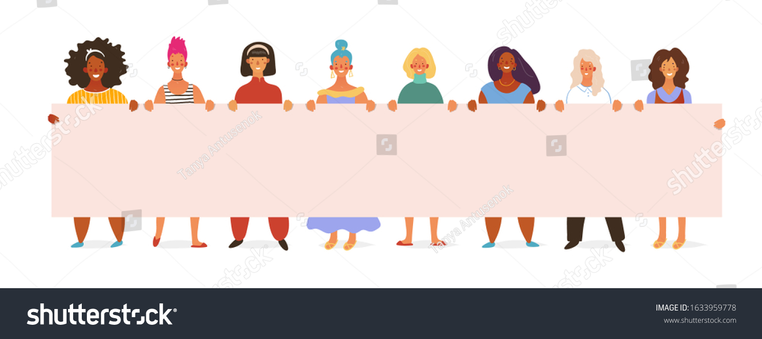 Girls Women Different Nationalities Holding Poster Stock Vector ...