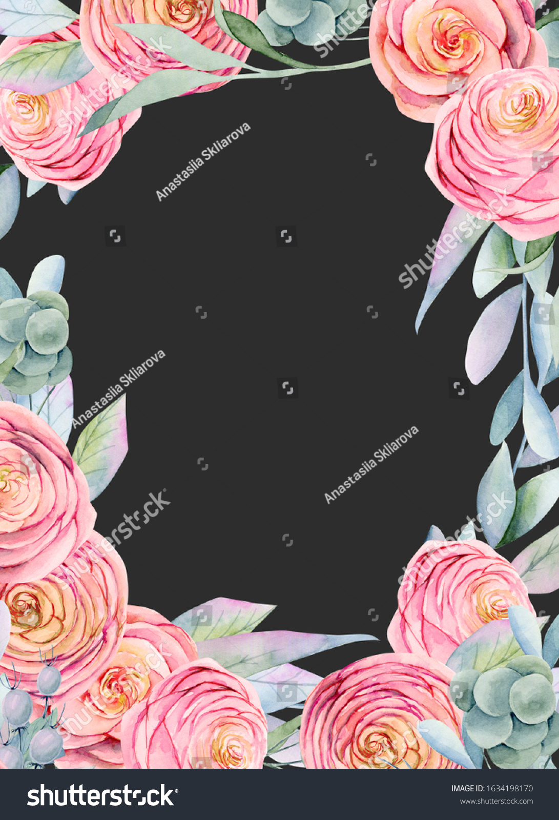 Frame Floral Border Watercolor Pink Roses Stock Illustration Shutterstock