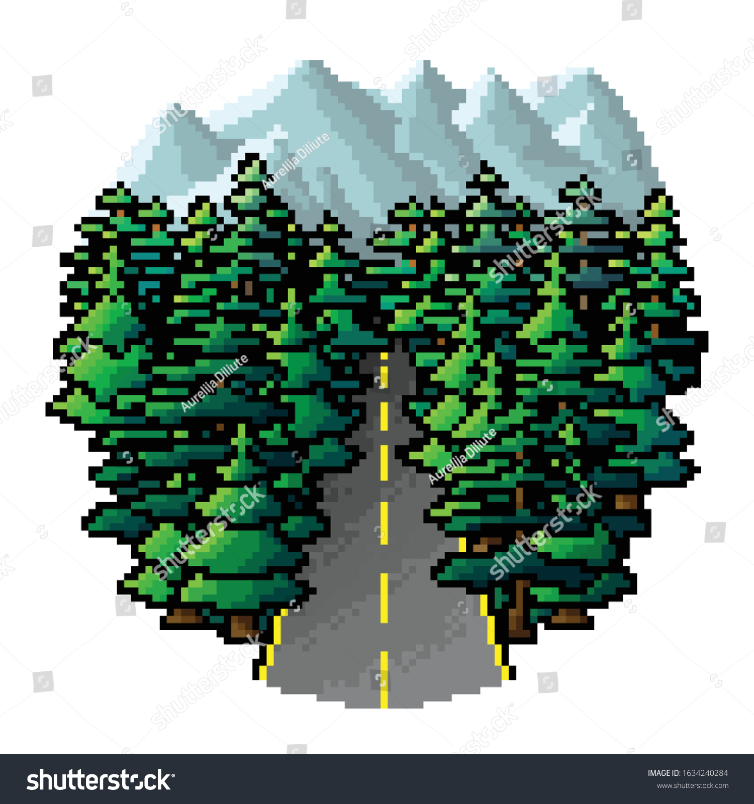Pixel Art Forest And Mountain Landscape Vector Illustration Pixel Road Thro...