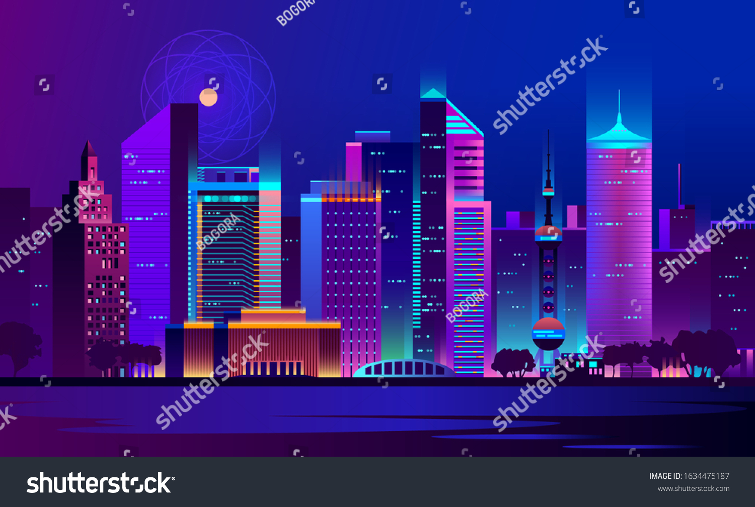 未来的夜城 城市景观在一个黑暗的背景下 明亮而发光的霓虹灯紫色和蓝色的灯光 赛博朋克和复古波浪风格插图 库存矢量图 免版税 Shutterstock
