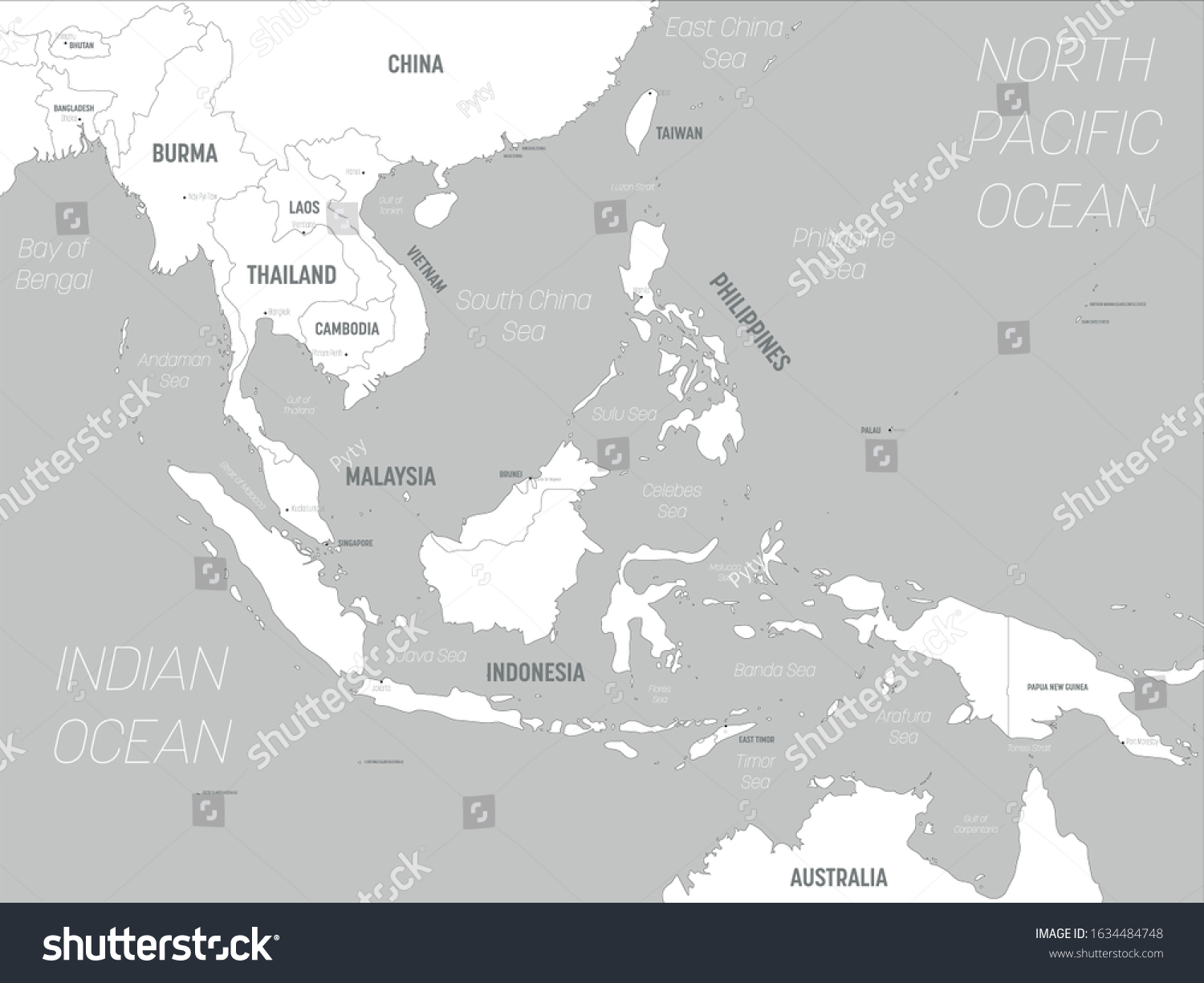 Southeast Asia Map White Lands Grey Stock Vector (royalty Free 