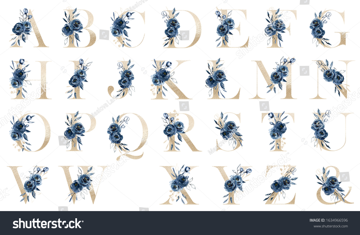 Gold Alphabet Set Letters Watercolor Blue Stock Illustration 1634966596 ...