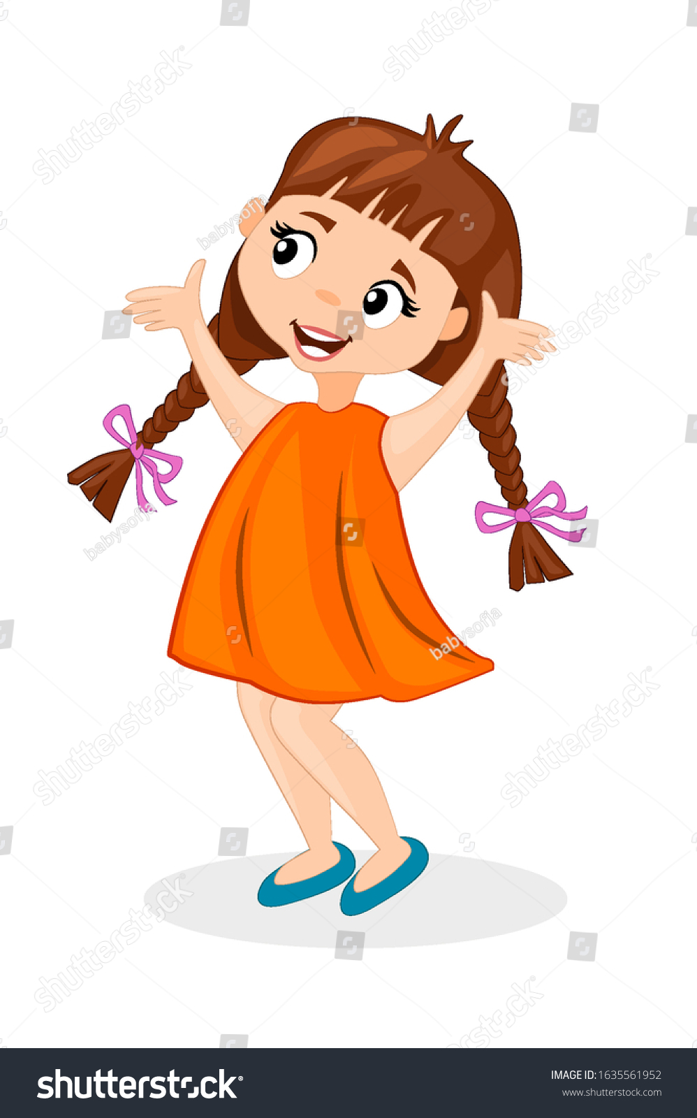 Happy Cute Cartoon Little Girl Pigtails Stock Vector (Royalty Free ...