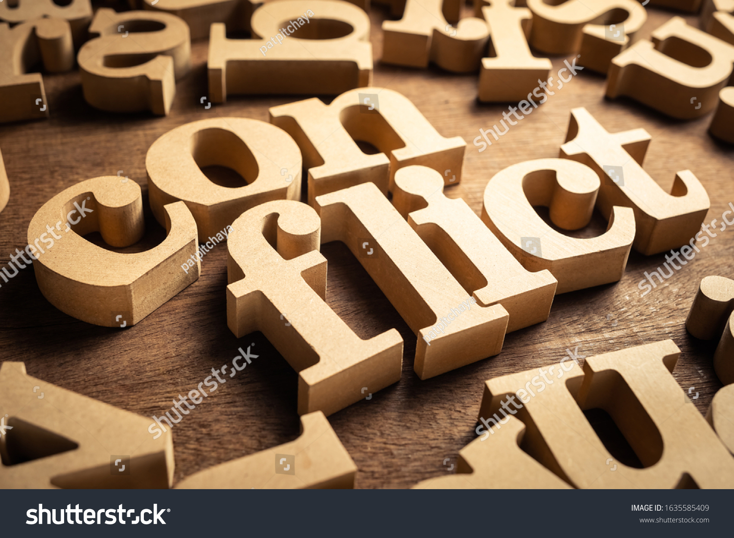 Conflict Word By Wood Alphabets Many Stock Photo 1635585409 Shutterstock Stock Photo Conflict Word By Wood Alphabets With Many Random Letters Around 1635585409