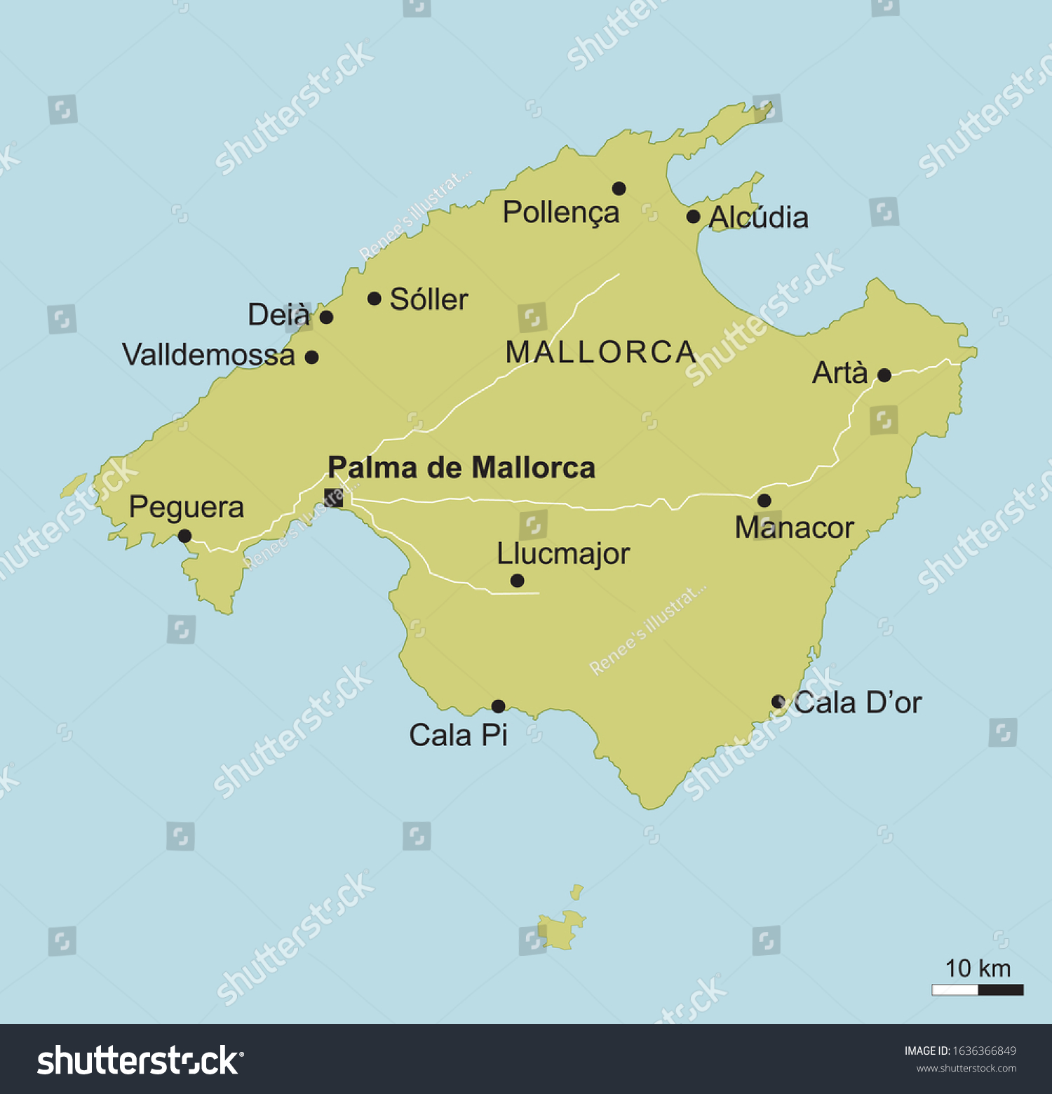 Vector Map Mallorca Important Cities Roads Stock Vector (Royalty Free ...