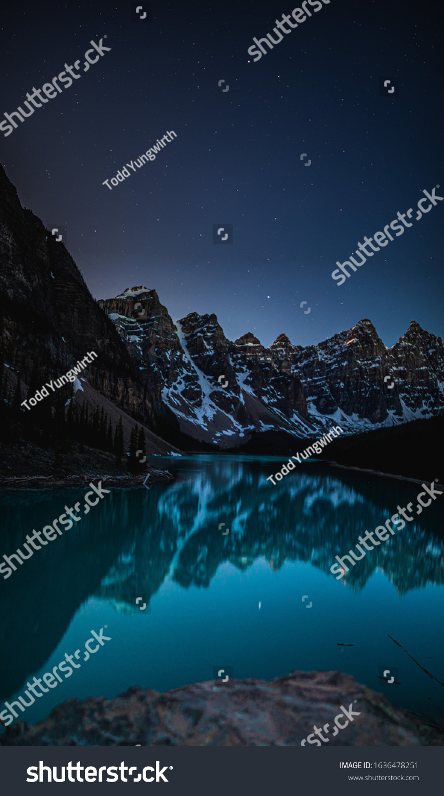 Moraine Lake Alberta Night Reflection Portrait Stock Photo 1636478251
