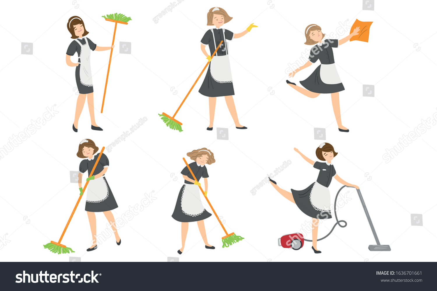 Set Young Women Maids Making Housekeeping Stock Vector Royalty Free 1636701661 Shutterstock 