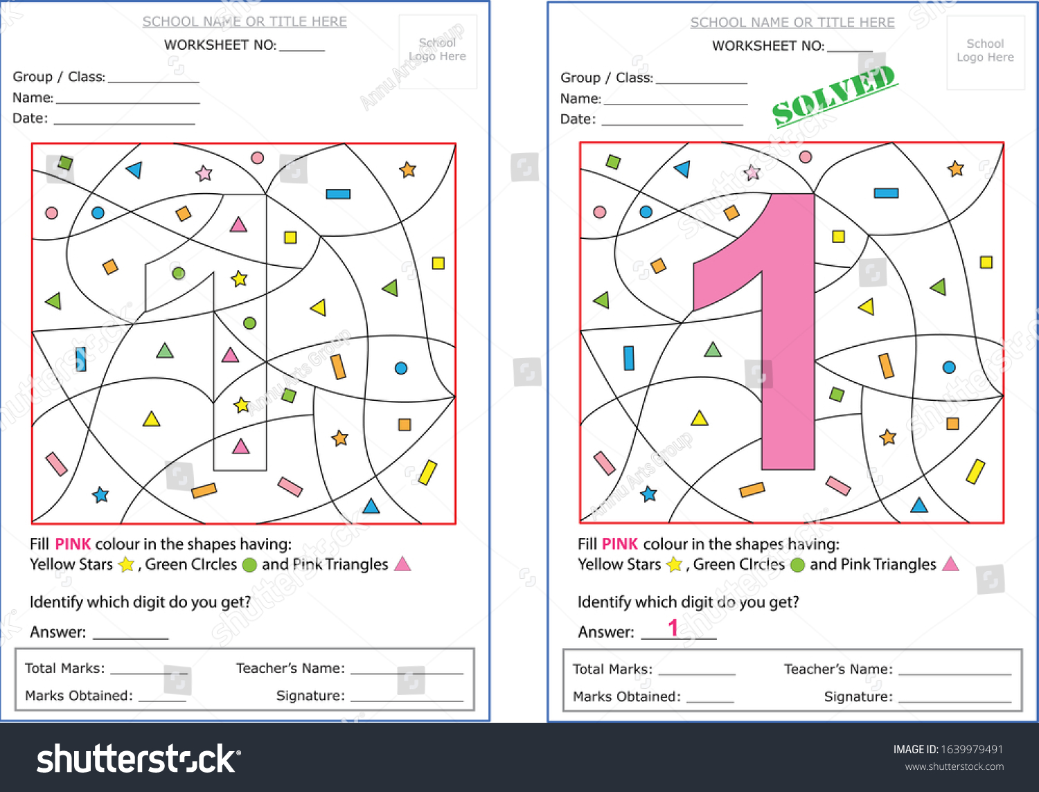 Worksheet Fill Defined Shapes Color Identify Stock Vector (Royalty Free ...