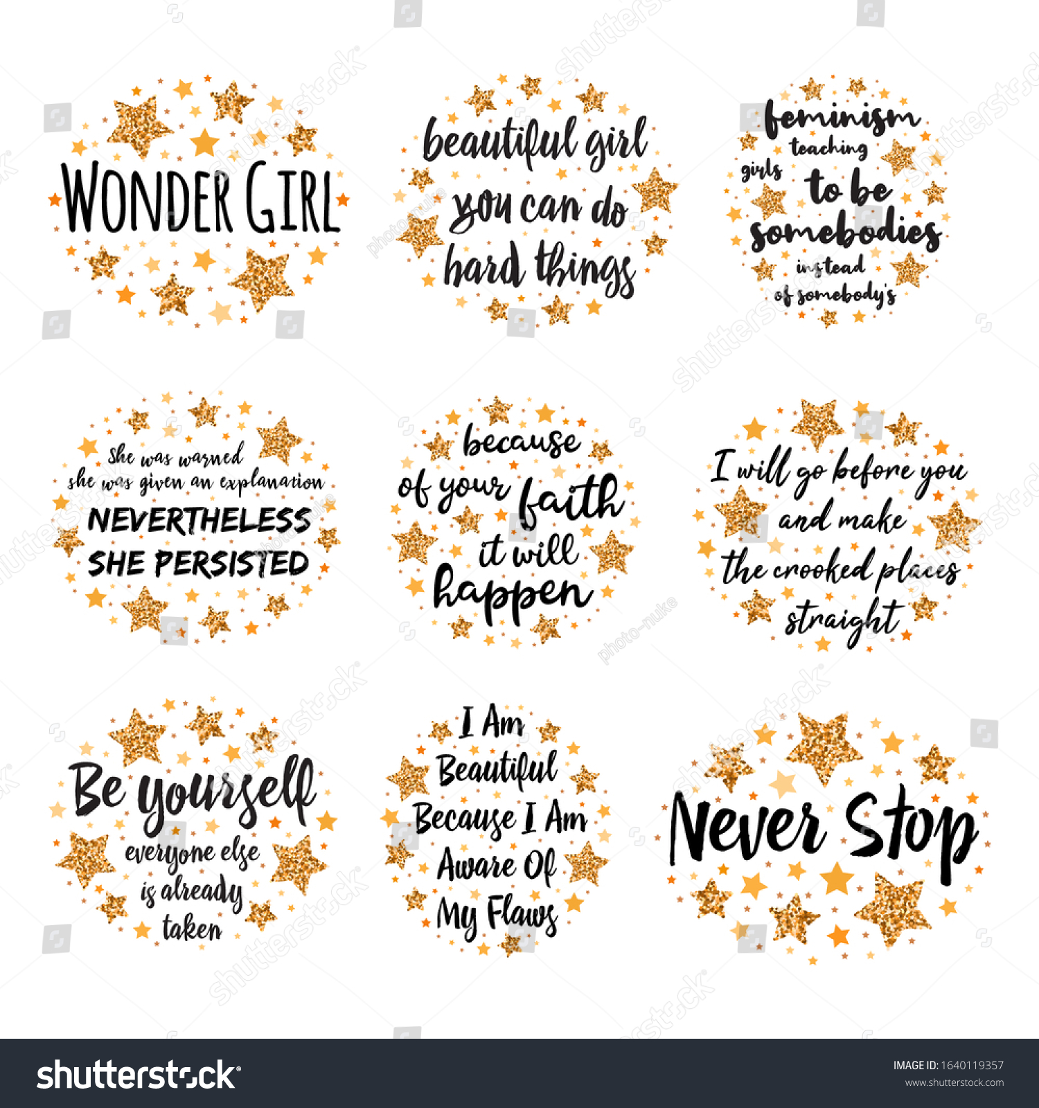 Set Slogans Among Stars Hand Drawn Stock Vector (Royalty Free