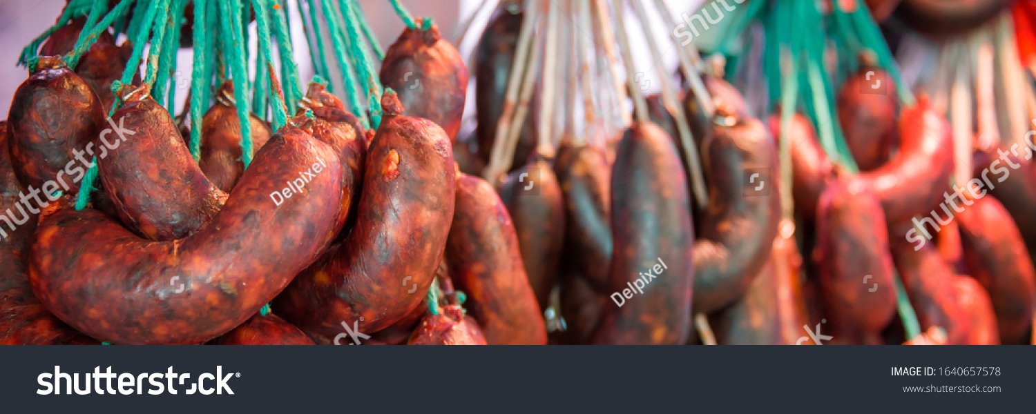 Panoramic Background Chorizos Sausages Hanging Spanish Stock Photo