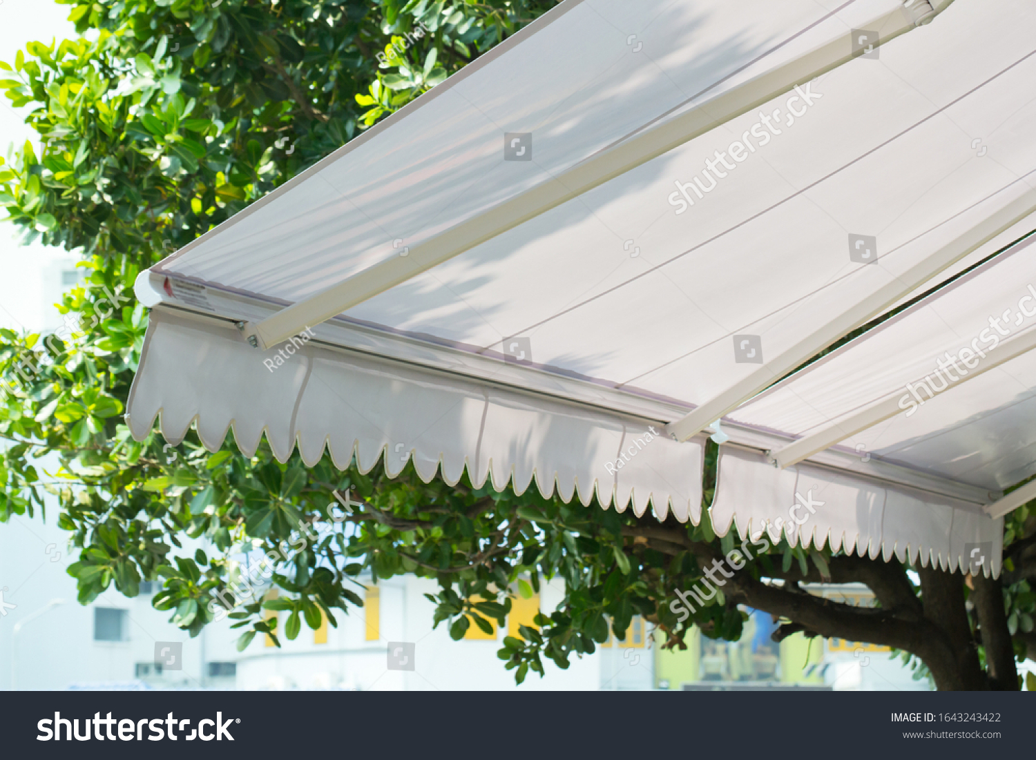 New White Awning Garden Background Street Stock Photo 1643243422