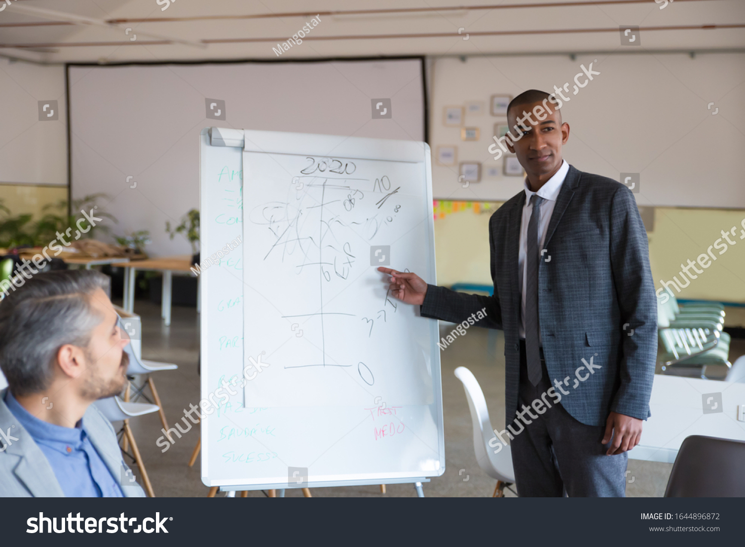 Smiling African American Speaker Pointing Whiteboard Stock Photo ...