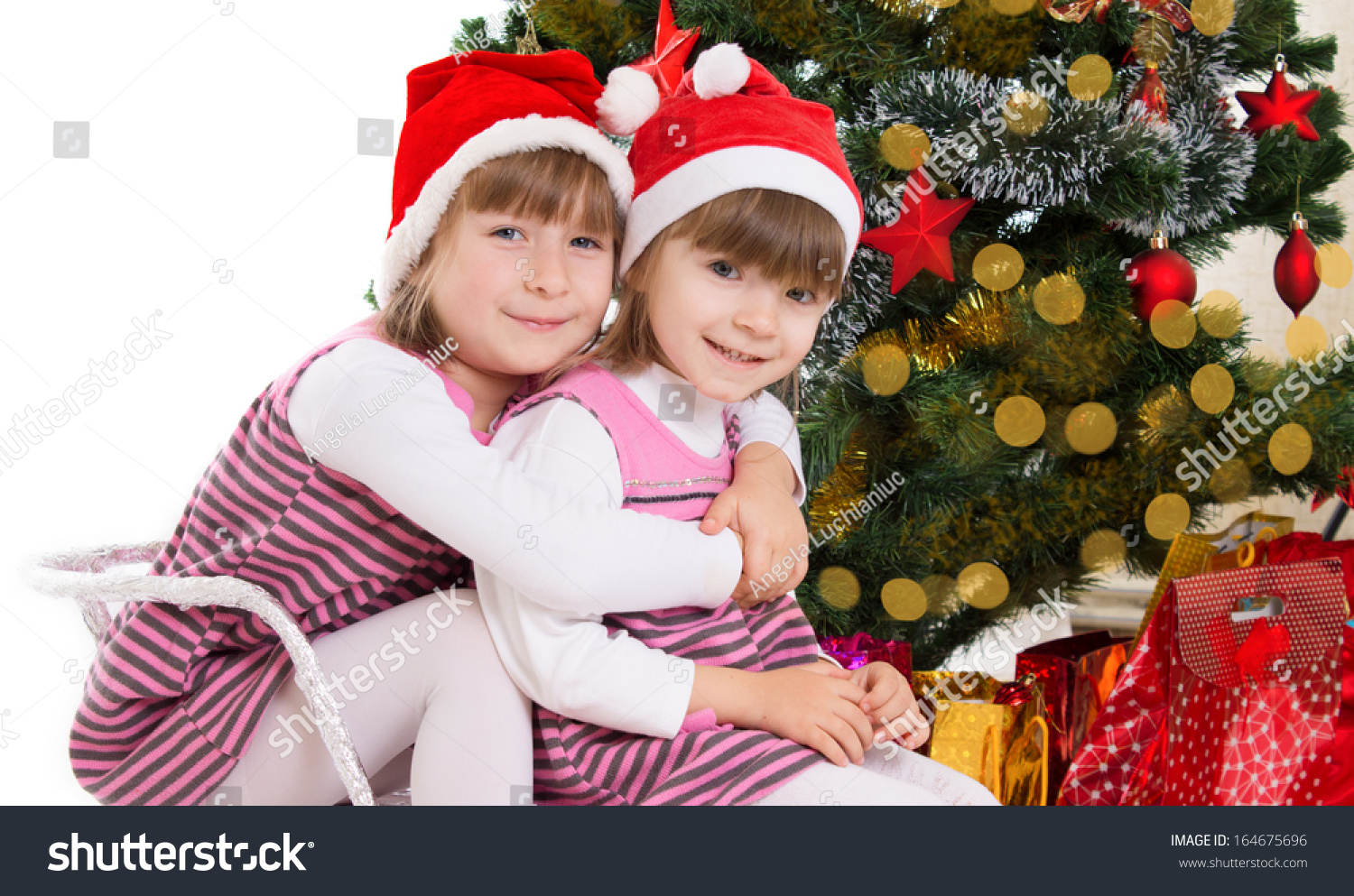 Two Lovely Sisters Hugging Sledge Under Stock Photo 164675696 ...