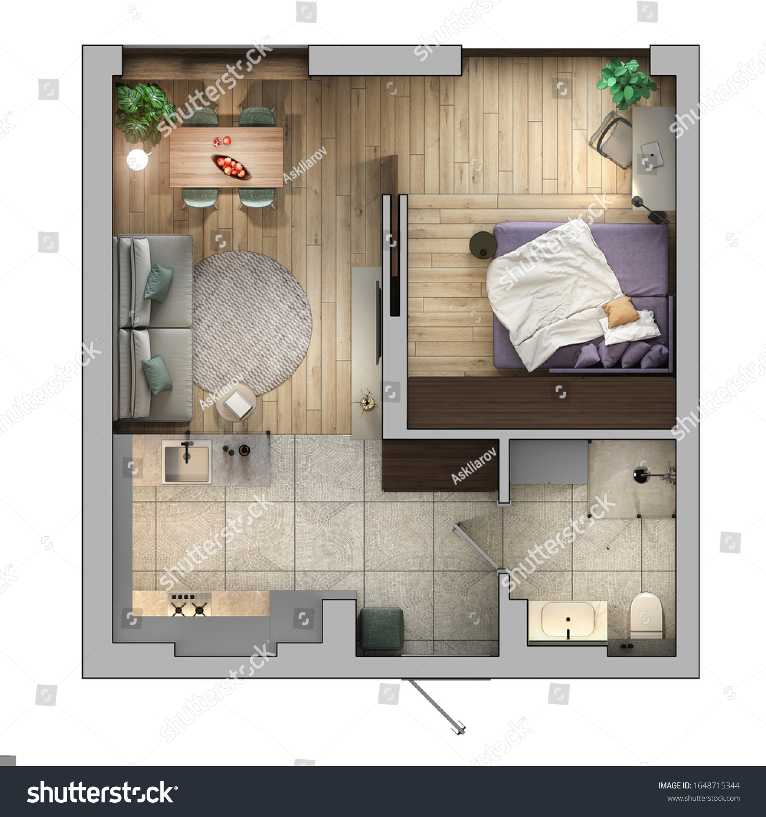 Oneroom Apartment Plan Top View 3d Stock Illustration 1648715344 ...