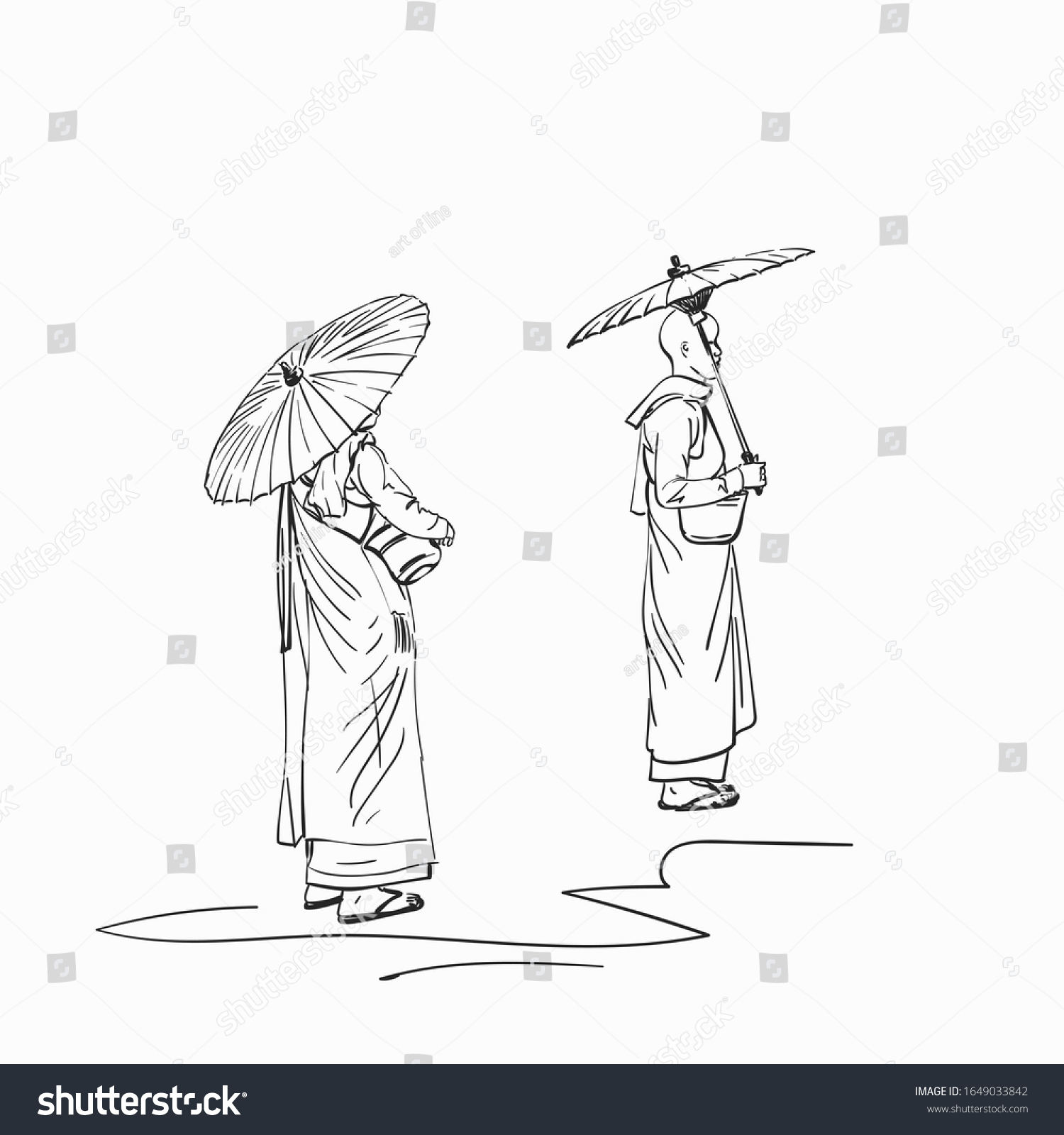 Sketch Burmese Buddhist Nuns Sun Umbrellas Stock Vector (Royalty Free ...