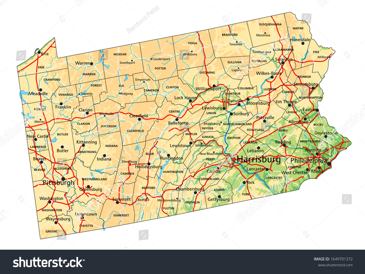 Detailed Map Of Pennsylvania Pennsylvania Highly Detailed Editable Political Map Stock Vector (Royalty  Free) 1647282895 | Shutterstock