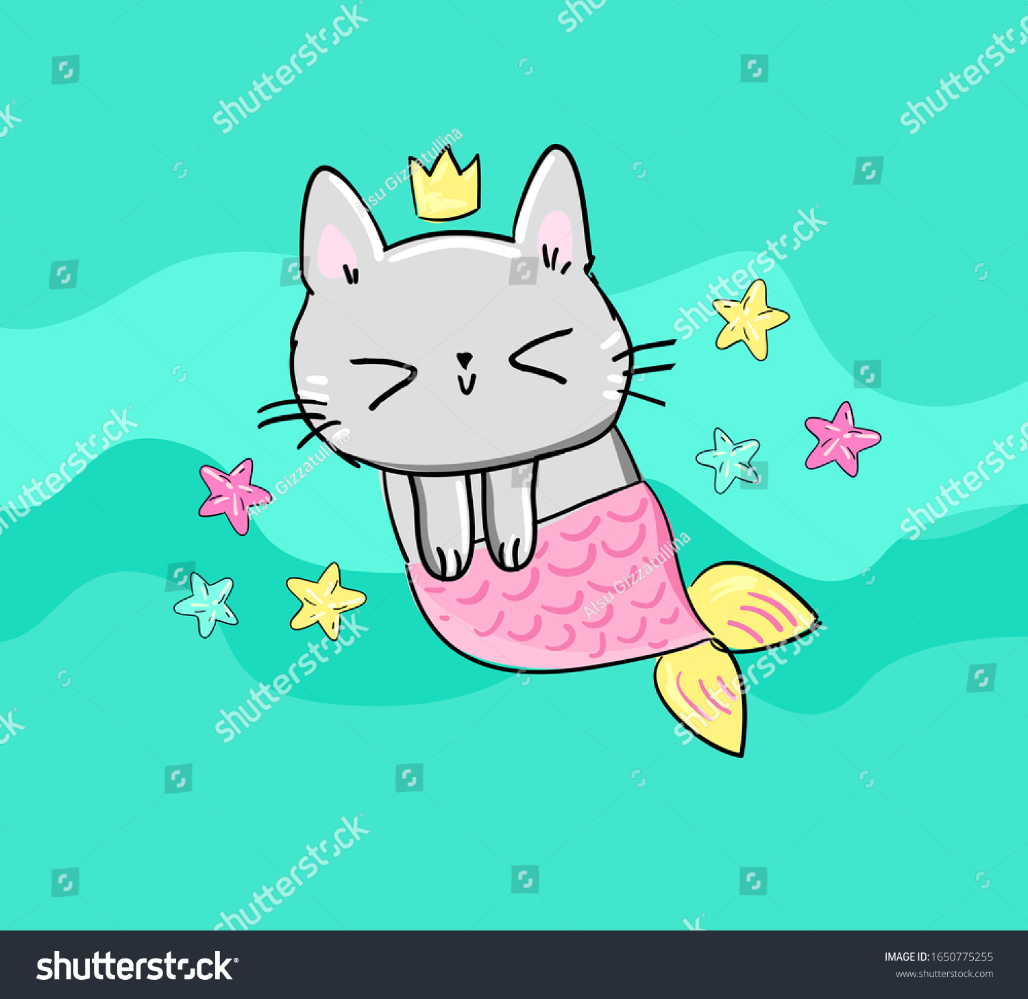 Kitten Mermaid Stars On Blue Background Stock Vector (Royalty Free ...