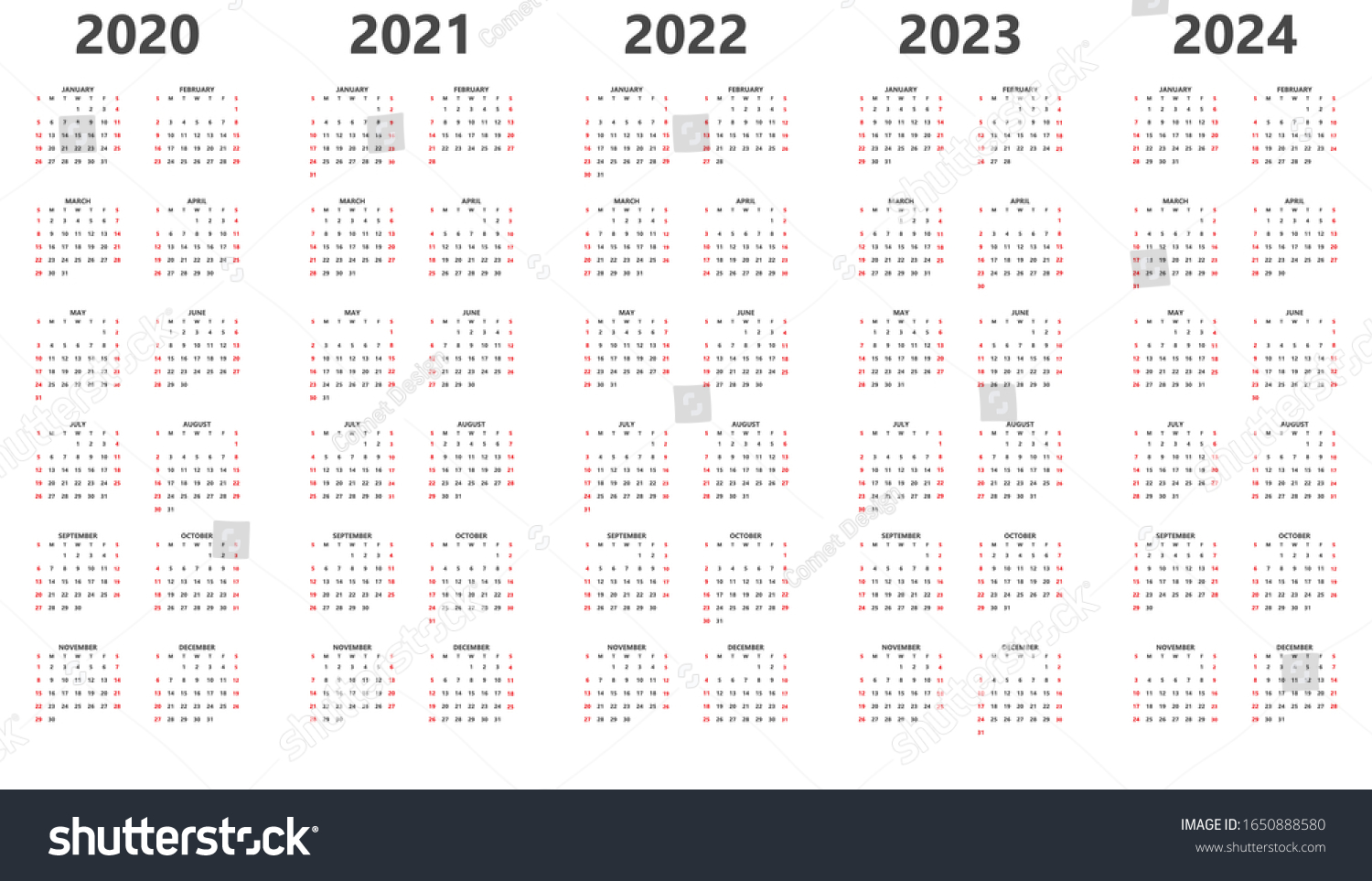 Calendar 2020 2021 2022 2023 2024 Stock Vector (Royalty Free ...