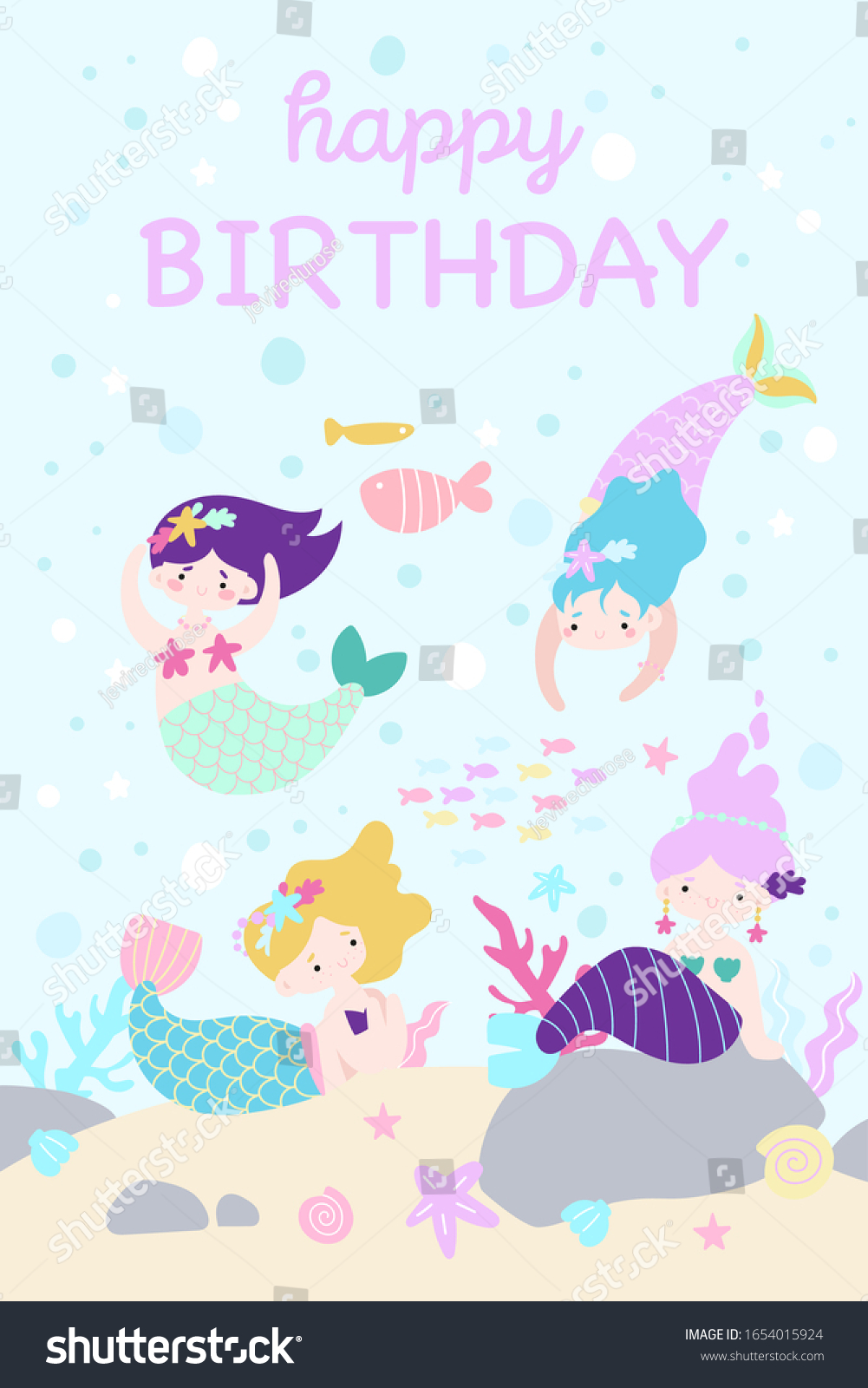 Little Mermaid Under Sea Happy Birthday Stock Vector (Royalty Free ...