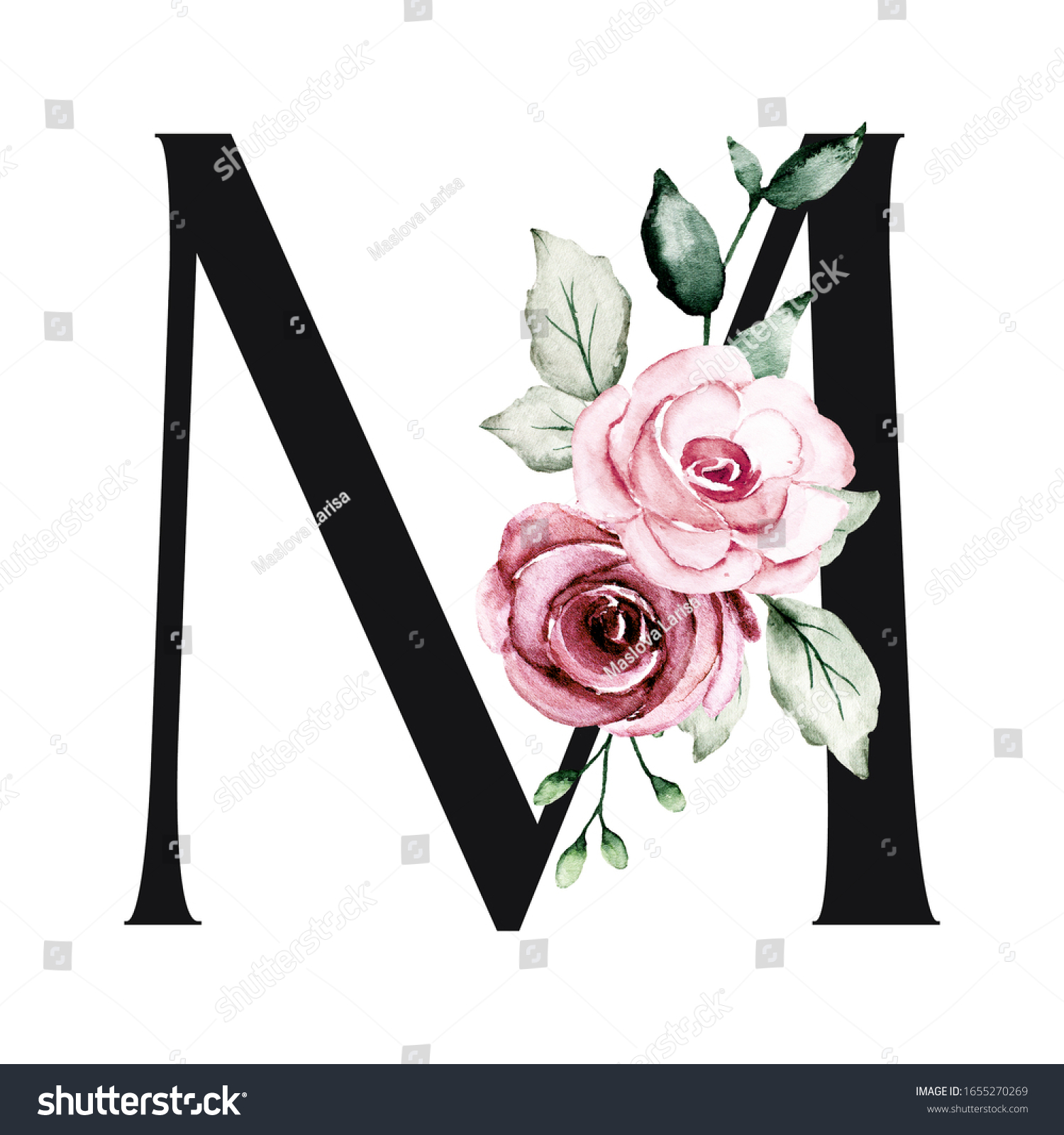 Letter M Floral Monogram Initial Watercolor Stock Illustration ...