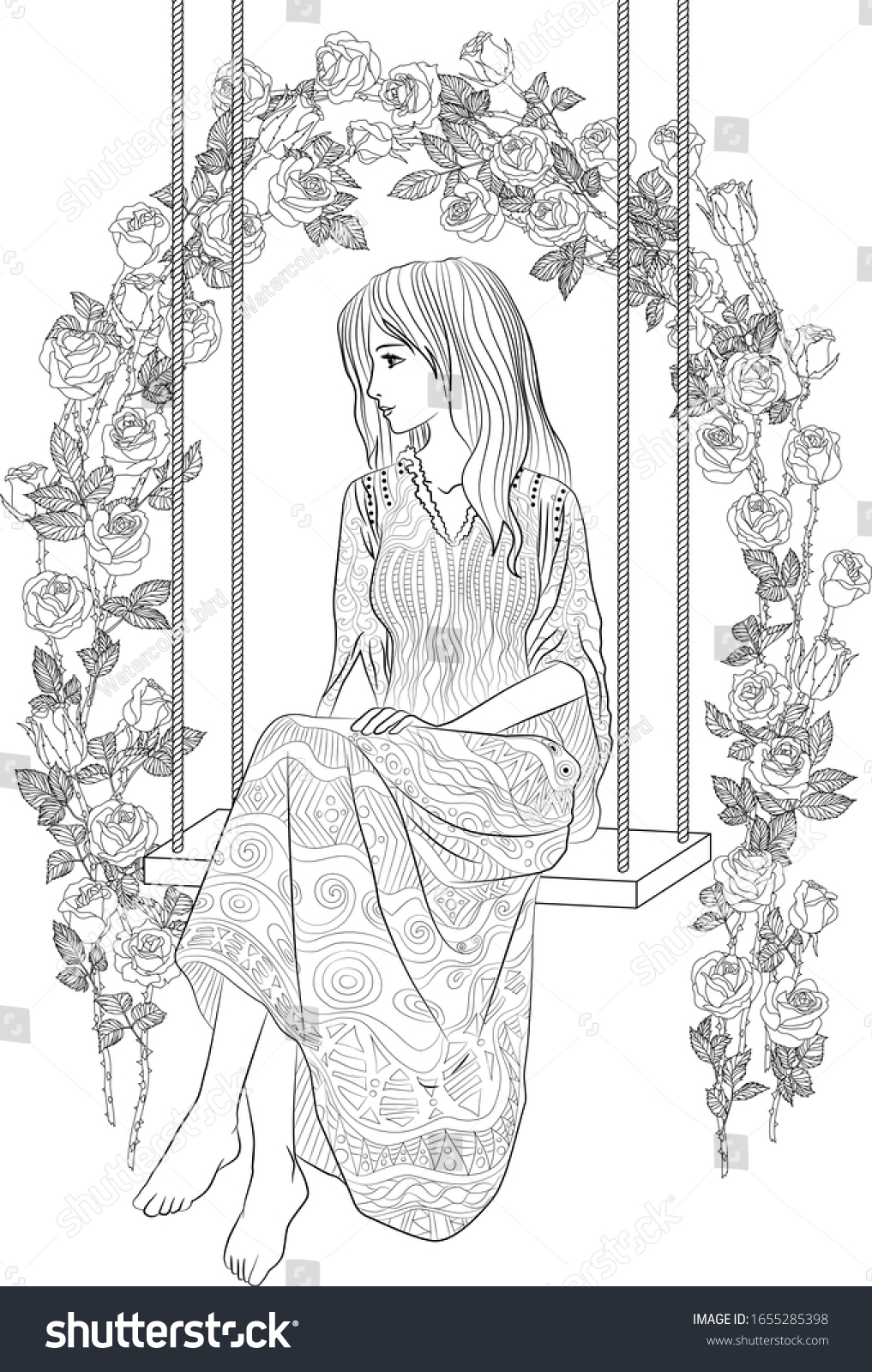 Coloring Book Adults Beautiful Lady Sitting Stock Vector (Royalty Free