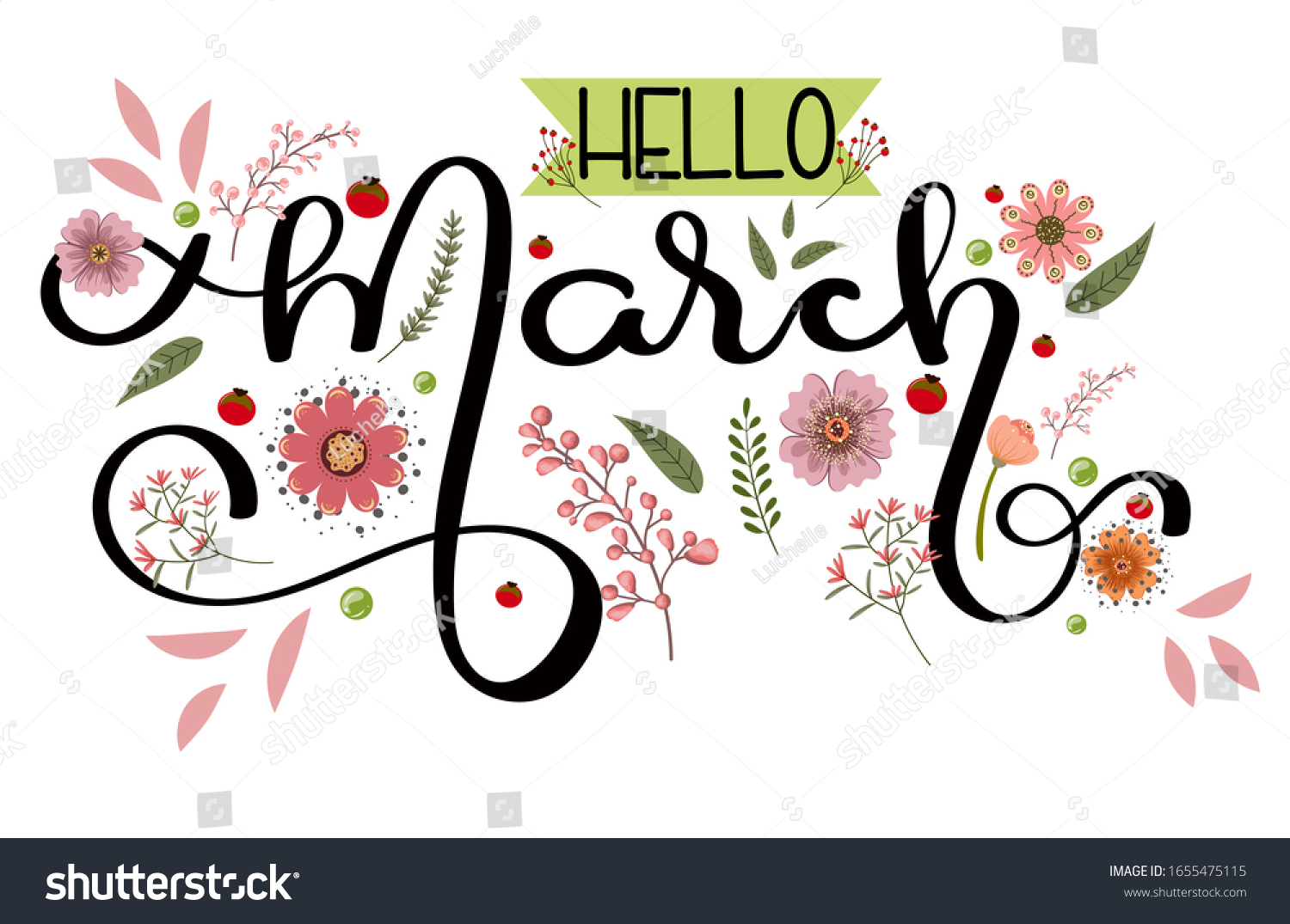 Hello March Month Vector Flowers Leaves Stock Vector (Royalty Free ...