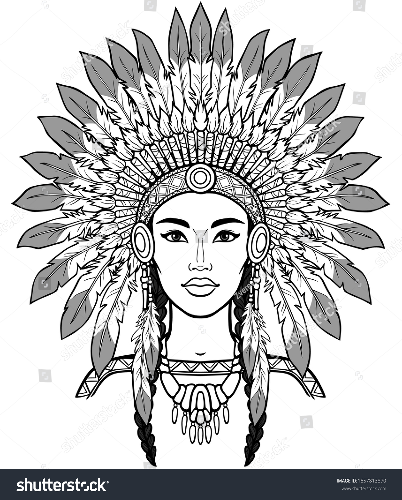 Animation Portrait Beautiful American Indian Woman Stock Vector ...