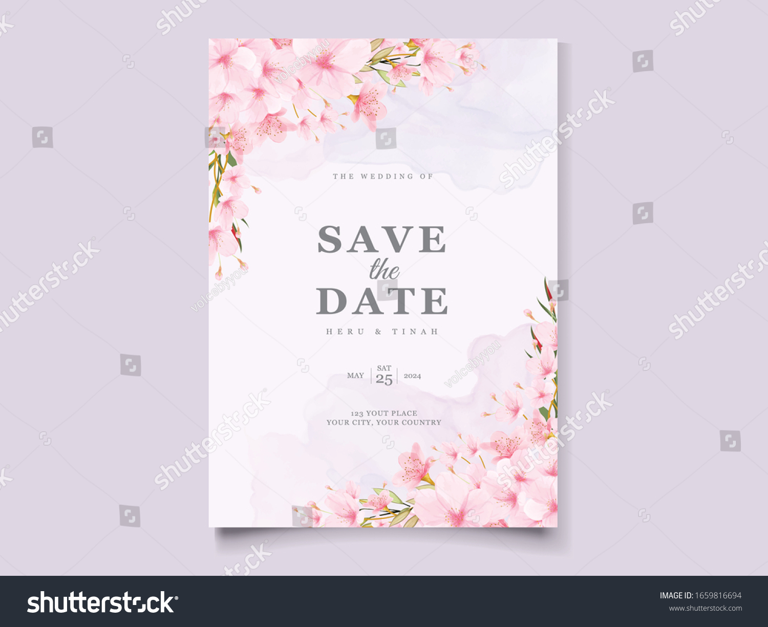 Cherry Blossom Wedding Invitation Card Template Stock Vector (Royalty