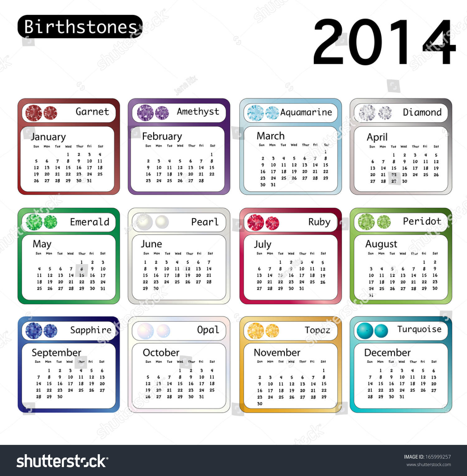 2014 Calendar Showing Birthstones Each Month Stock Vector (royalty Free 