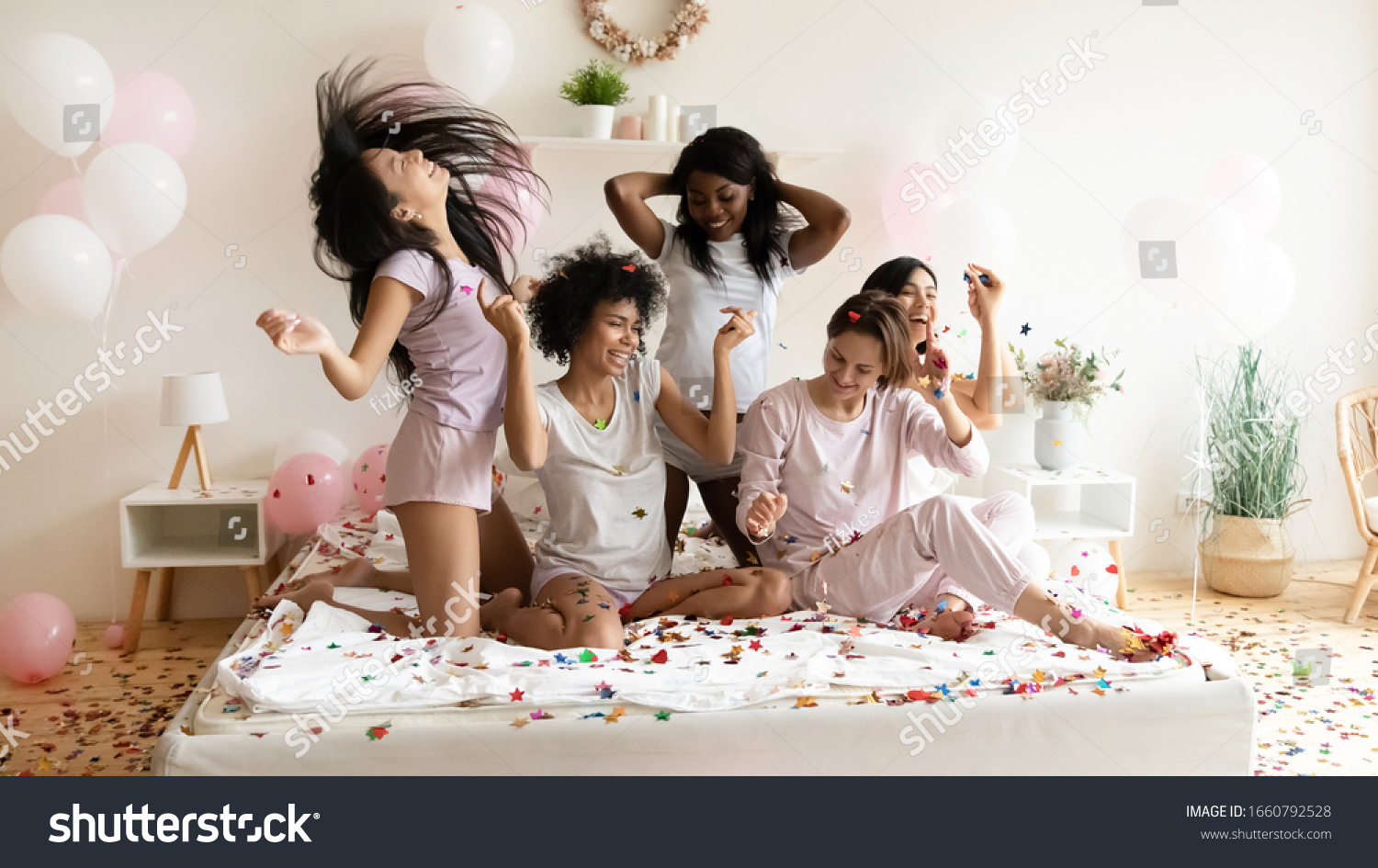 Happy Diverse Girls Wearing Pajamas Having Stock Photo 1660792528 ...