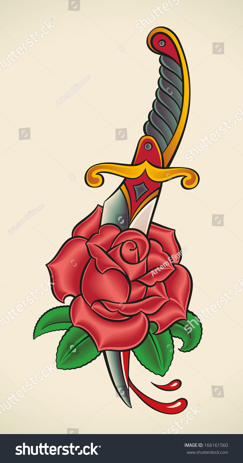 Oldschool Styled Tattoo Dagger Through Rose Stock Illustration 