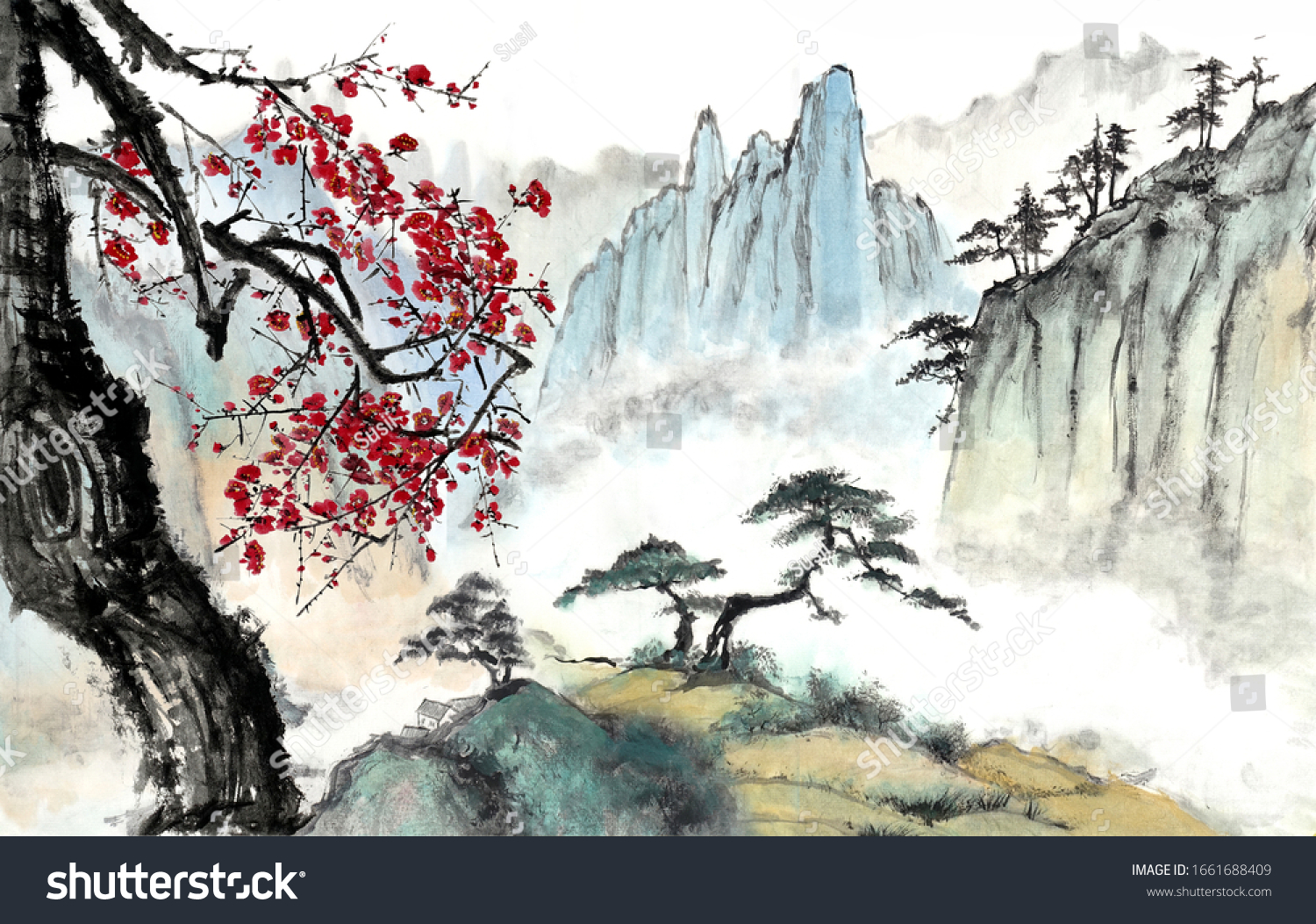 Chinese Painting Mountains Rivers Clouds Pines Stock Illustration