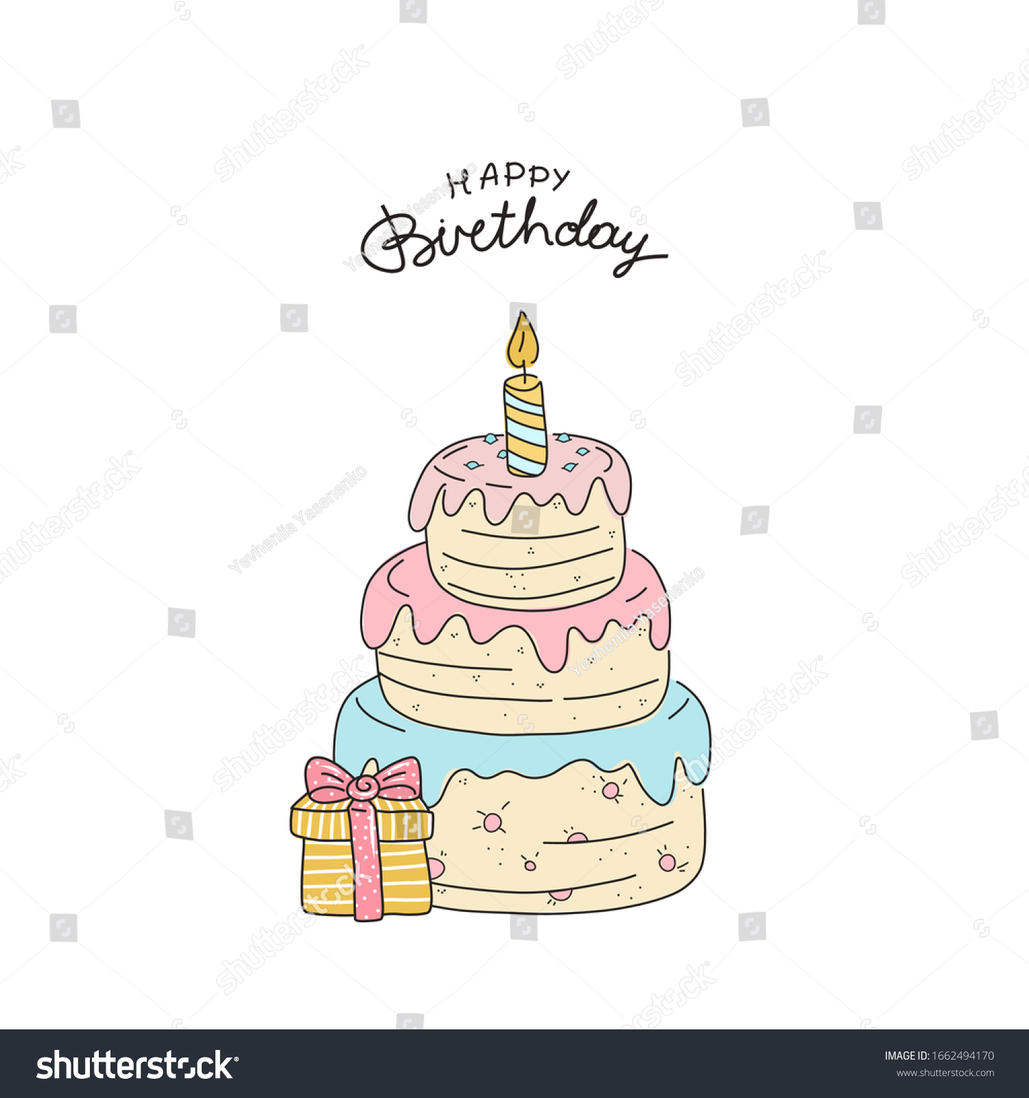 Pink Cake Candles Happy Birthday Handdrawn Stock Vector (Royalty Free ...