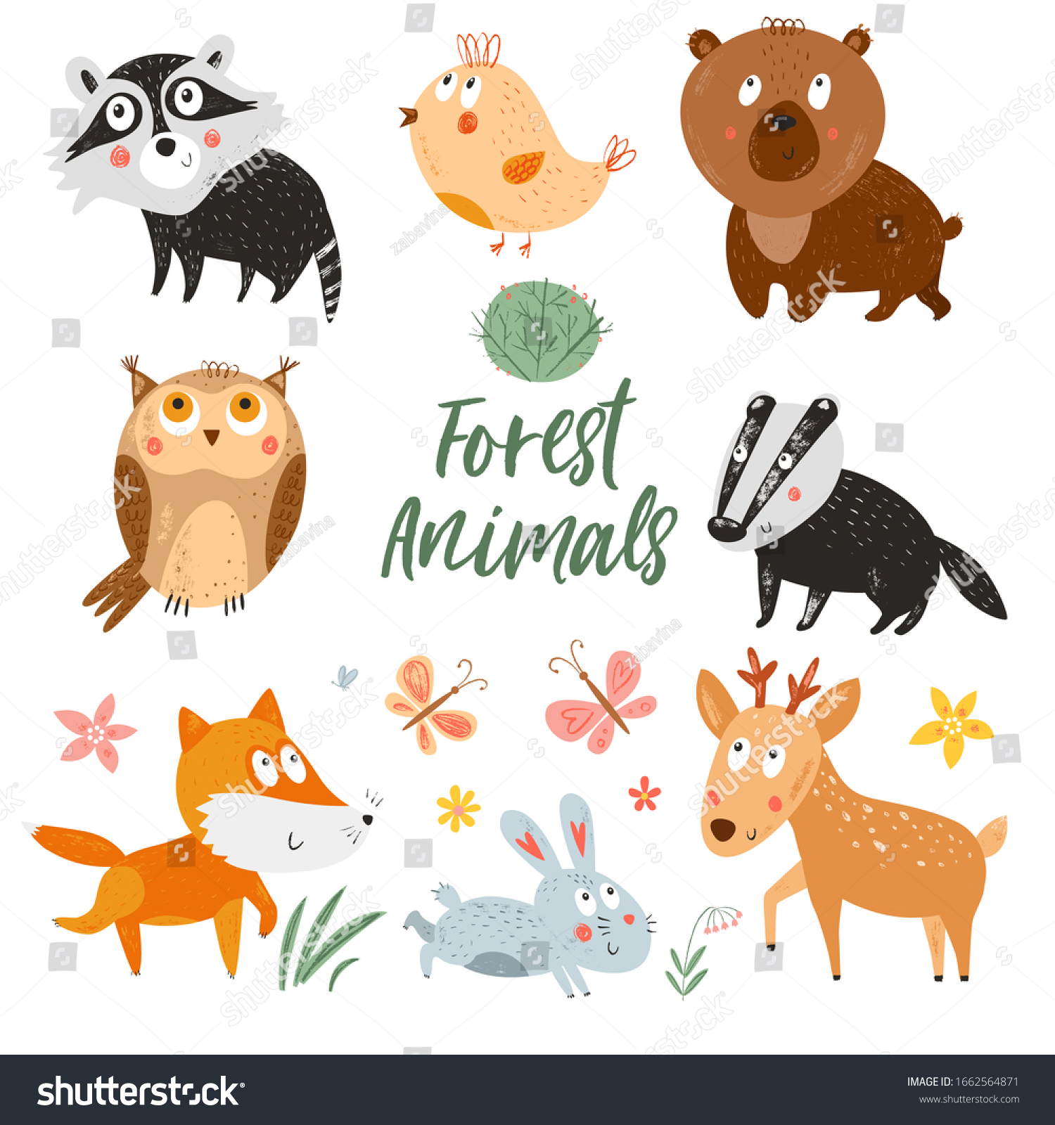 Cute Forest Animals Vector Woodland Background Stock Vector (Royalty ...